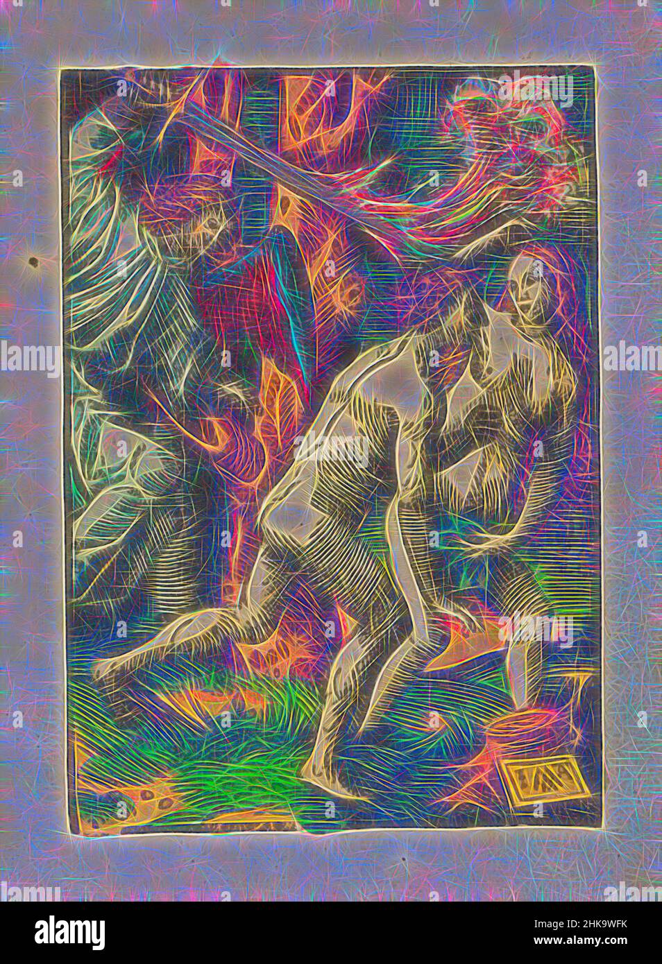 Inspiré par l'expulsion du Paradis, la petite passion, la passion stupide, Adam et Eve sont expulsés du Paradis par un ange avec une épée flamboyante. L'imprimé fait partie d'un livre., Imprimeur: Jacob Cornelisz van Oostsanen, éditeur: Doen Pietersz., Amsterdam, 1520 - 1521 et/ou c. 1530, papier, hauteur 111, réimaginé par Artotop. L'art classique réinventé avec une touche moderne. Conception de lumière chaleureuse et gaie, de luminosité et de rayonnement de lumière. La photographie s'inspire du surréalisme et du futurisme, embrassant l'énergie dynamique de la technologie moderne, du mouvement, de la vitesse et révolutionne la culture Banque D'Images