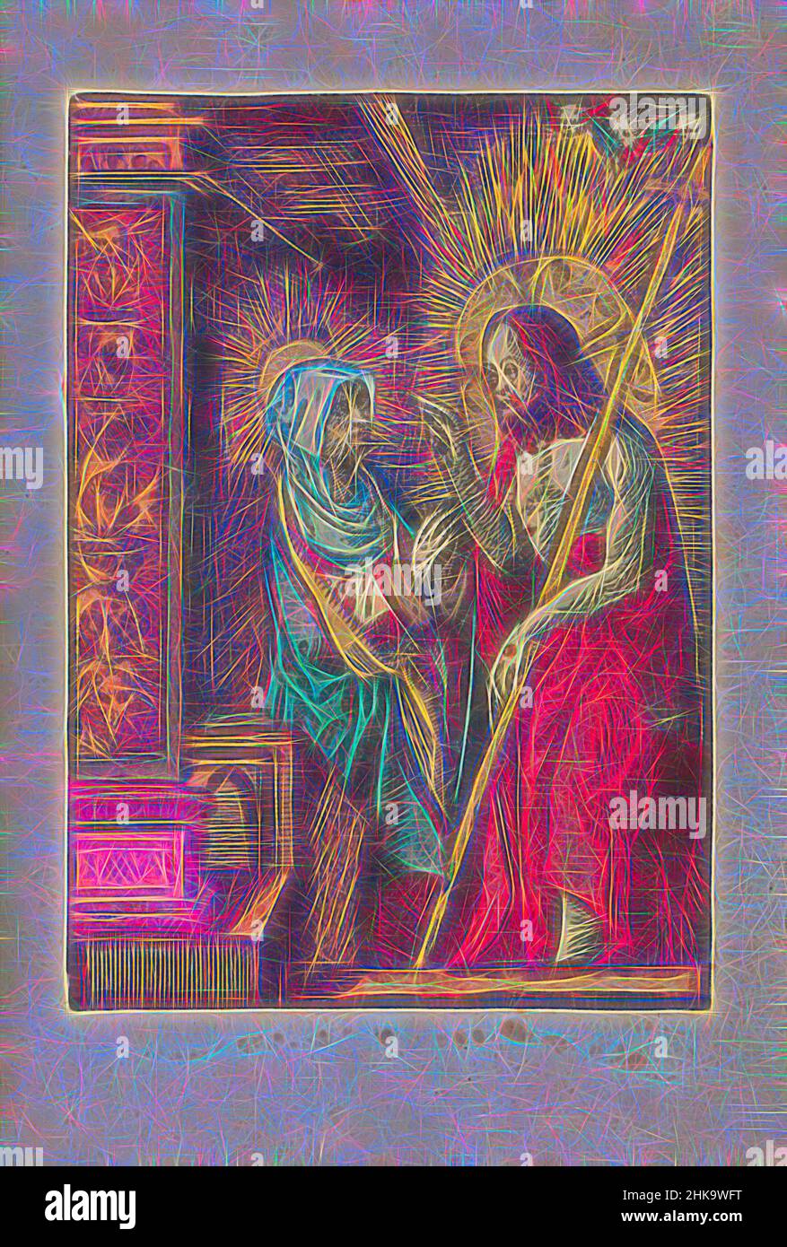 Inspiré par le Christ apparaît à sa mère Marie, la petite passion, la passion stupide, le Christ ressuscité apparaît à sa mère Marie. L'imprimé fait partie d'un livre., Imprimeur: Jacob Cornelisz van Oostsanen, éditeur: Doen Pietersz., Amsterdam, 1520 - 1521 et/ou c. 1530, papier, hauteur 111 mm × largeur 78, repensé par Artotop. L'art classique réinventé avec une touche moderne. Conception de lumière chaleureuse et gaie, de luminosité et de rayonnement de lumière. La photographie s'inspire du surréalisme et du futurisme, embrassant l'énergie dynamique de la technologie moderne, du mouvement, de la vitesse et révolutionne la culture Banque D'Images