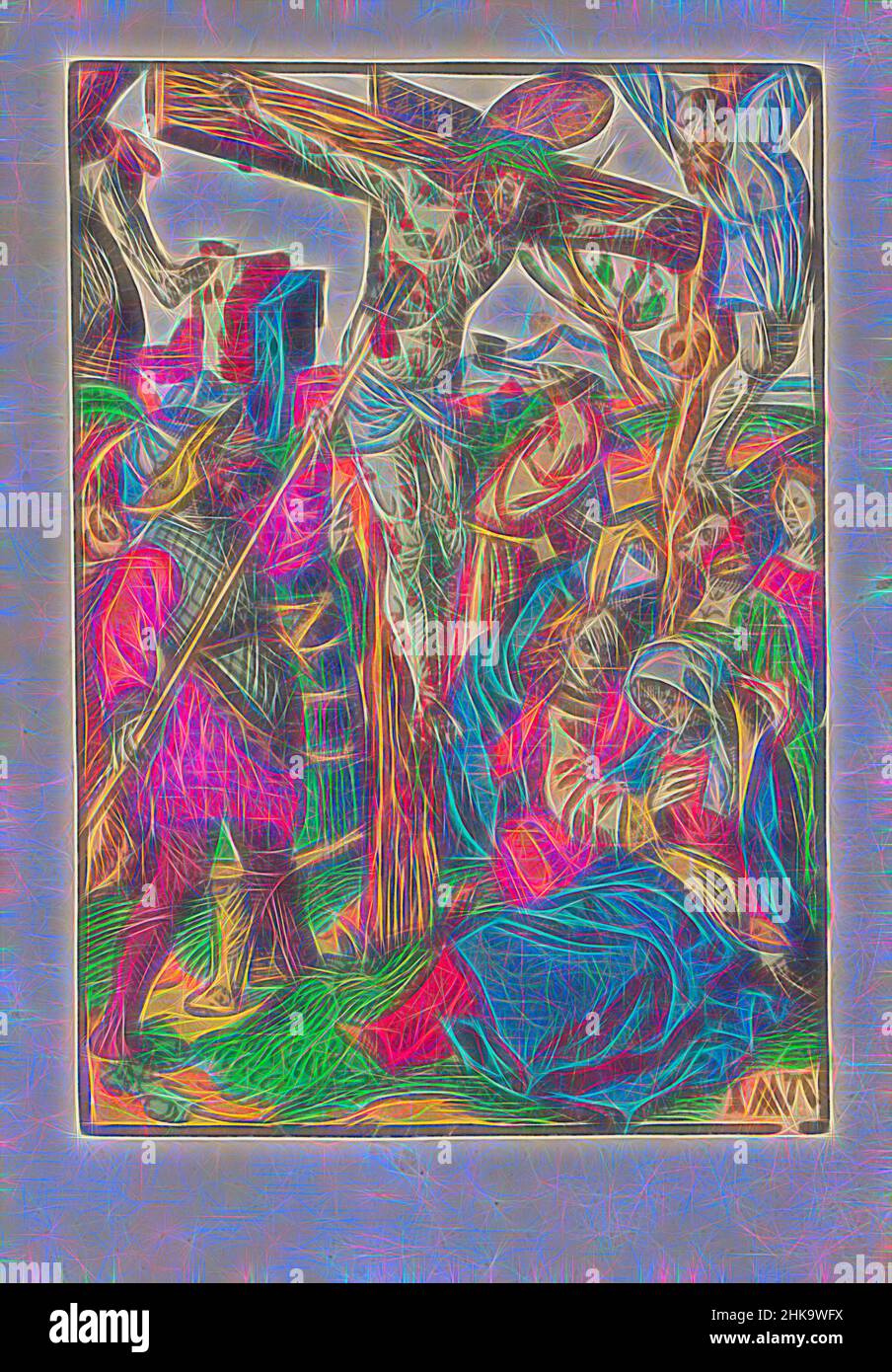 Inspiré par le Christ sur la croix avec une lance percée, la petite passion, la passion stupide, le Christ s'accroche sur la croix entre les croix de deux criminels. Le soldat Longinus fait une lance dans le côté du Christ. Jean et Marie sont assis sous la croix. L'impression fait partie d'un livre., imprimeur: Jacob, réimaginé par Artotop. L'art classique réinventé avec une touche moderne. Conception de lumière chaleureuse et gaie, de luminosité et de rayonnement de lumière. La photographie s'inspire du surréalisme et du futurisme, embrassant l'énergie dynamique de la technologie moderne, du mouvement, de la vitesse et révolutionne la culture Banque D'Images