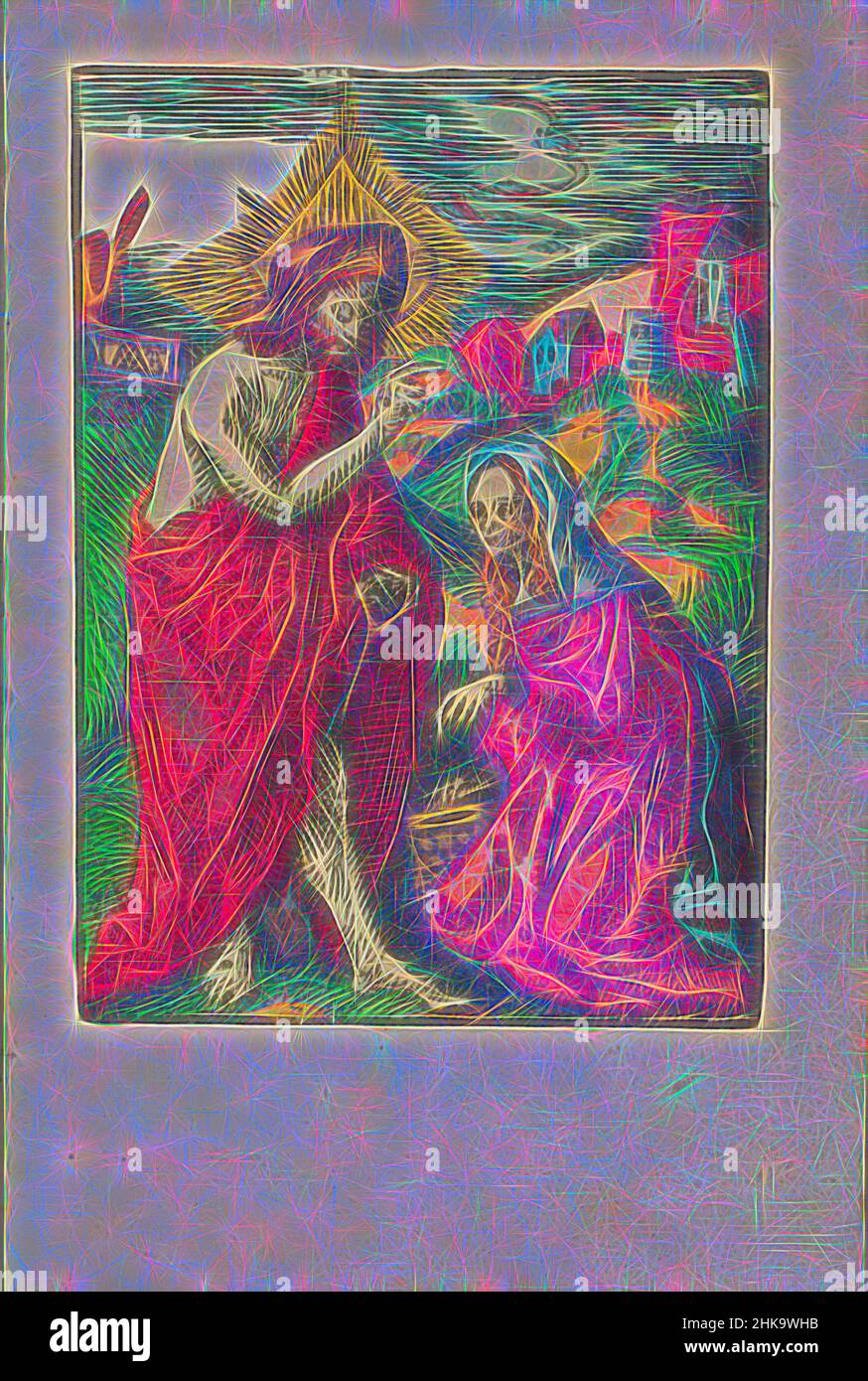 Inspiré par le Christ apparaît comme un jardinier de Marie Magdalene (Noli me tangere), la petite passion, la passion stupide, le Christ ressuscité apparaît à Marie Magdalene (Noli me tangere). Elle s'agenouille avant lui et pense d'abord qu'il est le jardinier. Christ tient une pelle dans sa main. L'impression fait partie d'un livre, repensé par Artotop. L'art classique réinventé avec une touche moderne. Conception de lumière chaleureuse et gaie, de luminosité et de rayonnement de lumière. La photographie s'inspire du surréalisme et du futurisme, embrassant l'énergie dynamique de la technologie moderne, du mouvement, de la vitesse et révolutionne la culture Banque D'Images
