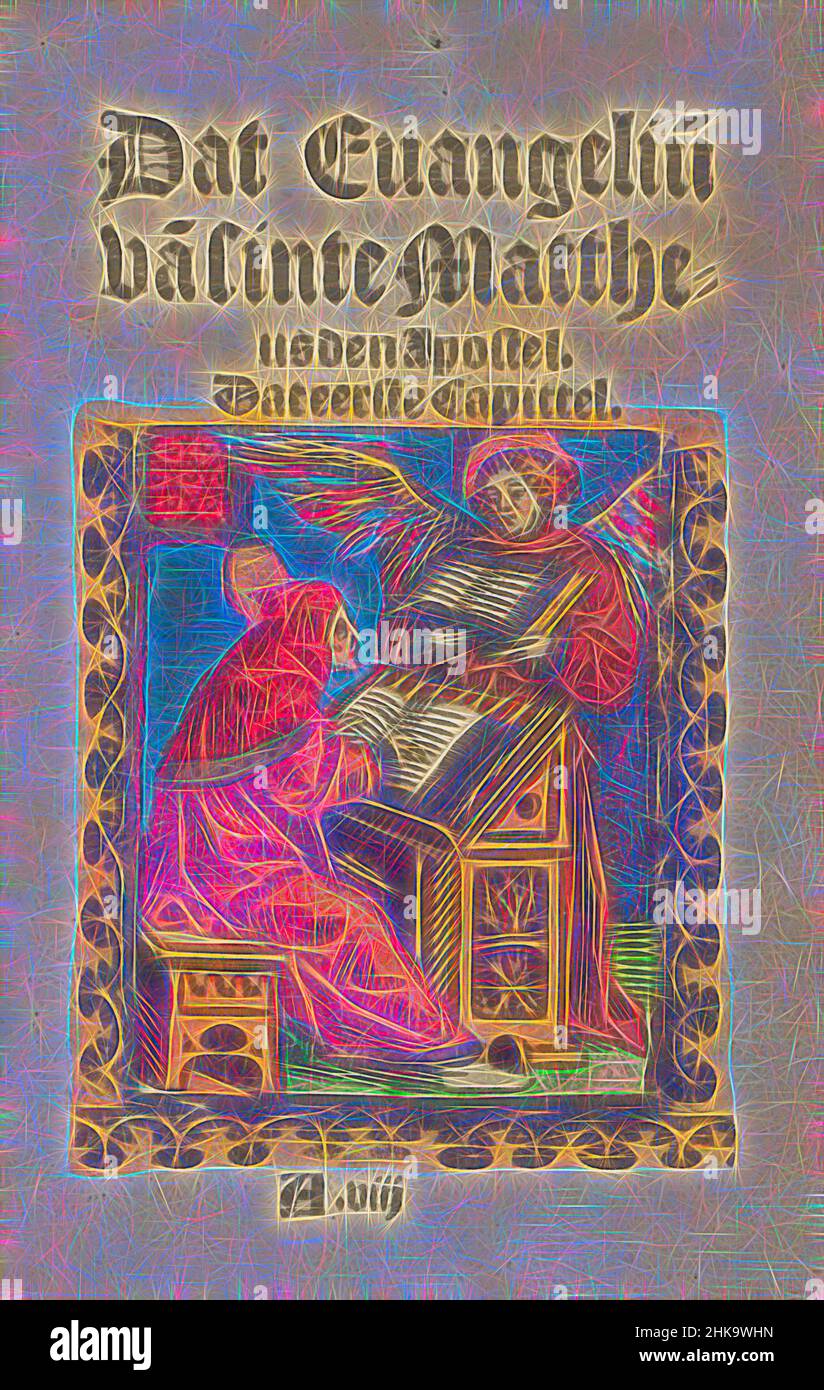 Inspiré par l'évangéliste Matthew écrit son évangile, DAT Evangelium van Sinte Mattheus den Apôtre. Que le premier Capittel, la passion stupide, l'évangéliste Matthieu s'assoit à sa lecterne et écrit l'évangile. Un ange lui montre quoi écrire. Sur le verso la première partie du texte de l'évangile de Matthieu dans, réimaginé par Artotop. L'art classique réinventé avec une touche moderne. Conception de lumière chaleureuse et gaie, de luminosité et de rayonnement de lumière. La photographie s'inspire du surréalisme et du futurisme, embrassant l'énergie dynamique de la technologie moderne, du mouvement, de la vitesse et révolutionne la culture Banque D'Images