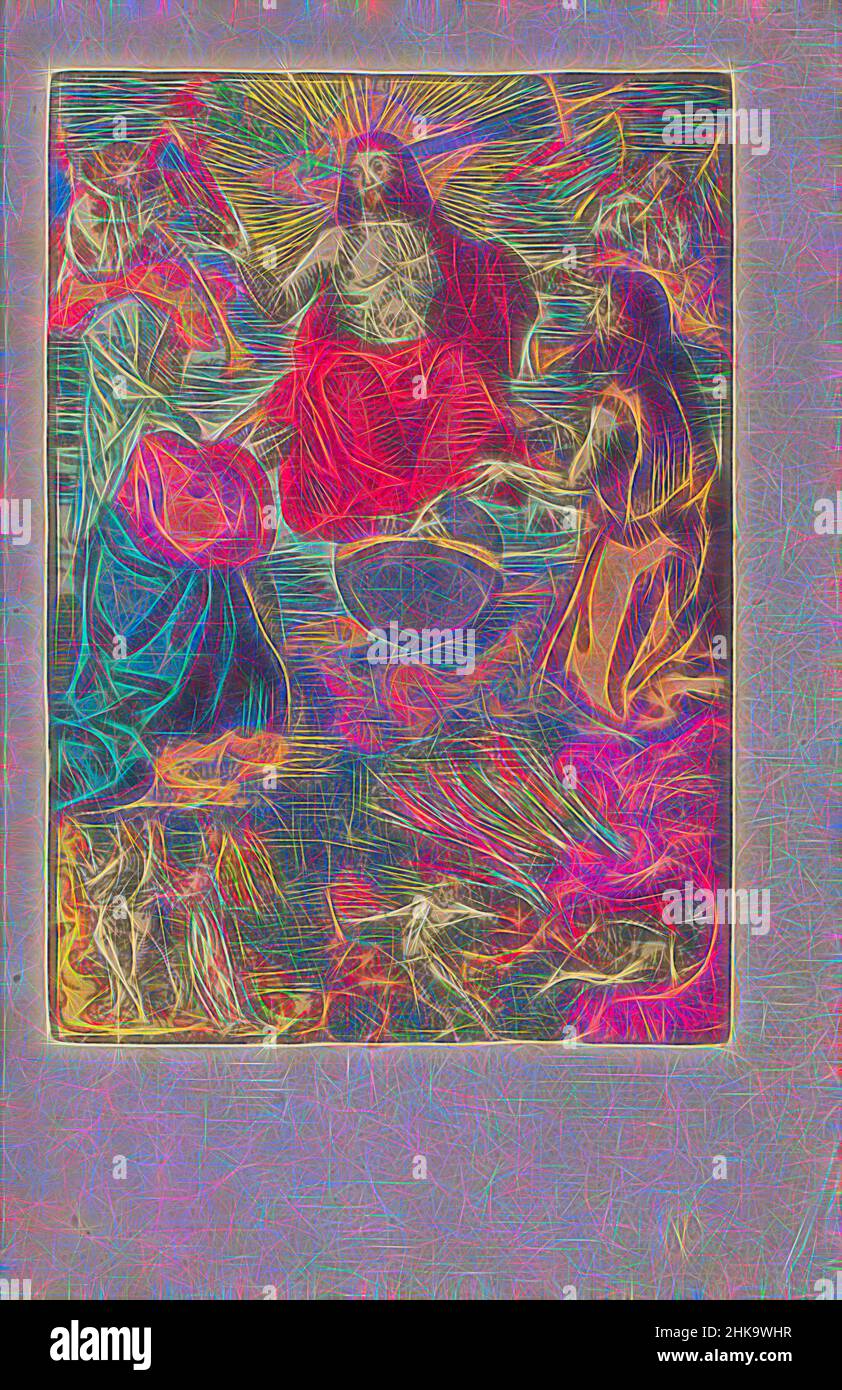 Inspiré par le jugement dernier, la petite passion, la passion stupide, Christ assis sur le globe avec un nénuphar et une épée au-dessus de sa tête. La Vierge Marie et Jean s'agenouillent à ses côtés. Il juge le monde pendant le jugement dernier. Sur la terre, les âmes sont dirigées par des anges vers le ciel (à gauche) ou dirigées par des diables vers le, réimaginé par Artotop. L'art classique réinventé avec une touche moderne. Conception de lumière chaleureuse et gaie, de luminosité et de rayonnement de lumière. La photographie s'inspire du surréalisme et du futurisme, embrassant l'énergie dynamique de la technologie moderne, du mouvement, de la vitesse et révolutionne la culture Banque D'Images