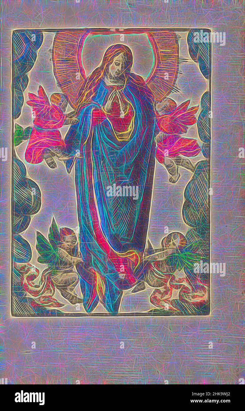 Inspirée par Marie comme reine céleste debout sur le croissant de lune, la passion stupide, Marie comme reine céleste debout sur le croissant de lune. Elle est entourée de quatre anges. L'imprimé fait partie d'un livre., imprimeur: Lucas van Leyden (atelier de), éditeur: Doen Pietersz., imprimeur: Low countries, réimaginé par Artotop. L'art classique réinventé avec une touche moderne. Conception de lumière chaleureuse et gaie, de luminosité et de rayonnement de lumière. La photographie s'inspire du surréalisme et du futurisme, embrassant l'énergie dynamique de la technologie moderne, du mouvement, de la vitesse et révolutionne la culture Banque D'Images
