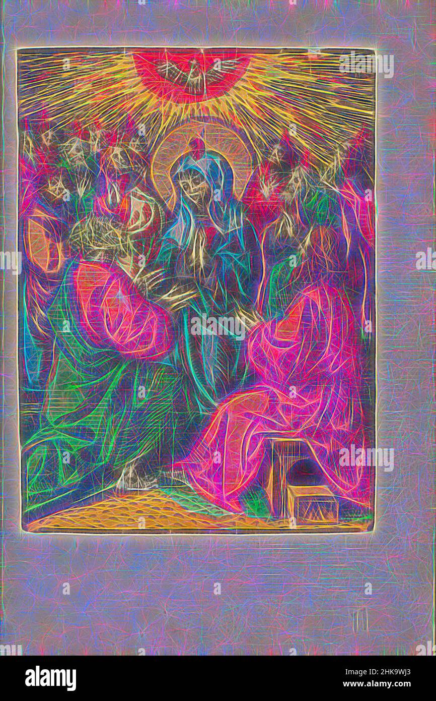 Inspirée par l'effusion de l'Esprit Saint, la petite passion, la passion stupide, Marie et les apôtres sont remplies de l'Esprit Saint. Le Saint-Esprit descend sur eux comme une colombe et des langues fiery apparaissent au-dessus de leurs têtes. L'imprimé fait partie d'un livre., imprimeur: Jacob Cornelisz van Oostsanen, éditeur, réimaginé par Artotop. L'art classique réinventé avec une touche moderne. Conception de lumière chaleureuse et gaie, de luminosité et de rayonnement de lumière. La photographie s'inspire du surréalisme et du futurisme, embrassant l'énergie dynamique de la technologie moderne, du mouvement, de la vitesse et révolutionne la culture Banque D'Images