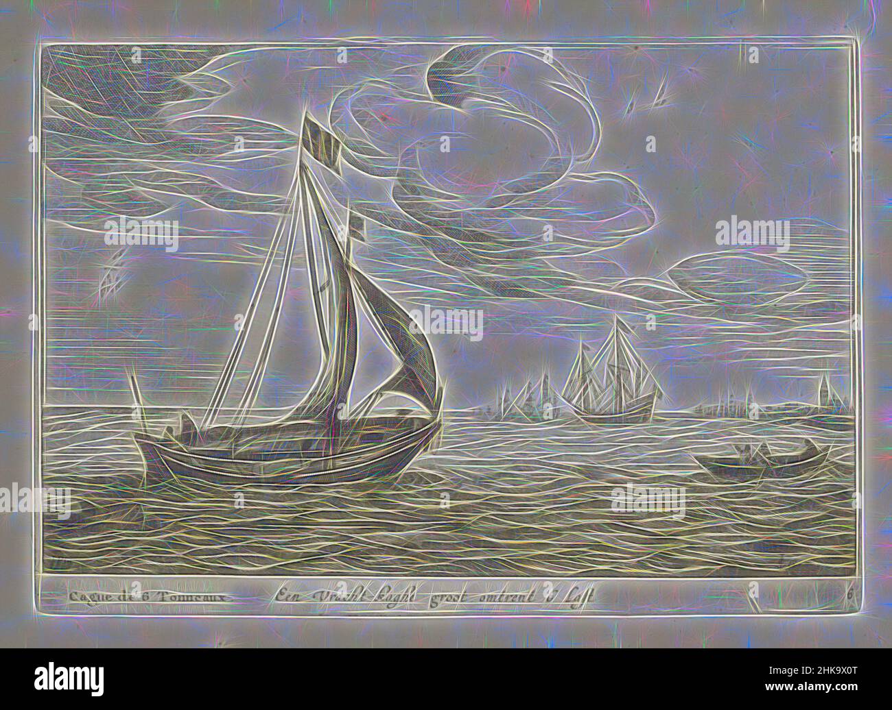 Inspiré par Vrachtkagen, Een Vracht-kaghe groot omtent 6 Last, Cague de 6 tonneaux, diverses navires dont on se sert dans les provinces Unies, Icones variarum navium Hollandicarum quarusus maximè in aquis interioribus regionis, Freighters on the Water. L'imprimé fait partie d'un album., imprimeur, réimaginé par Artotop. L'art classique réinventé avec une touche moderne. Conception de lumière chaleureuse et gaie, de luminosité et de rayonnement de lumière. La photographie s'inspire du surréalisme et du futurisme, embrassant l'énergie dynamique de la technologie moderne, du mouvement, de la vitesse et révolutionne la culture Banque D'Images