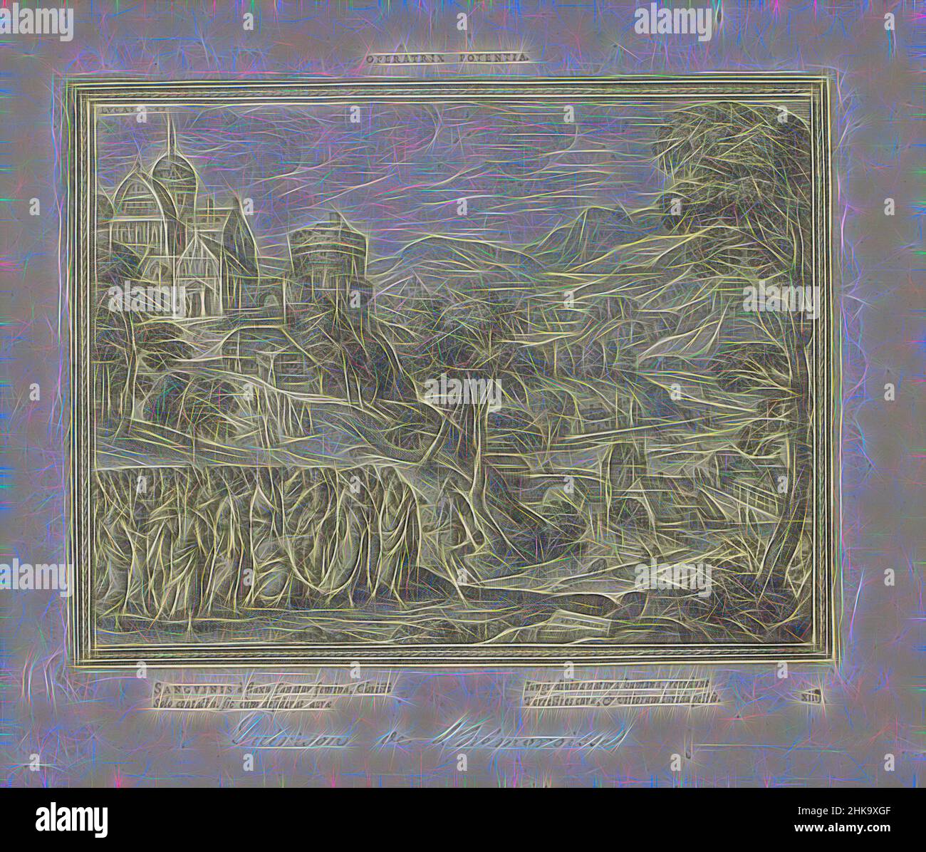 Inspiré par le paysage fluvial avec le Christ et la femme saignante, Operatrix potentia, Emblemata Novi Testamenti, Emblemata Sacra è praecipuis utriusque testamenti historiis concinnata (Nouveau Testament), imagines et figurae biblioum, paysage fluvial avec construction sur une montagne. Une femme qui avait été, réimaginée par Artotop. L'art classique réinventé avec une touche moderne. Conception de lumière chaleureuse et gaie, de luminosité et de rayonnement de lumière. La photographie s'inspire du surréalisme et du futurisme, embrassant l'énergie dynamique de la technologie moderne, du mouvement, de la vitesse et révolutionne la culture Banque D'Images