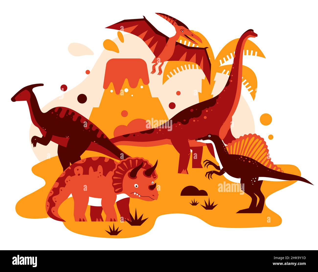 Différents dinosaures - dessin de style plat orange illustration.Animaux éteints, collection dino.Photo colorée avec volcan en éruption et liza antique Illustration de Vecteur