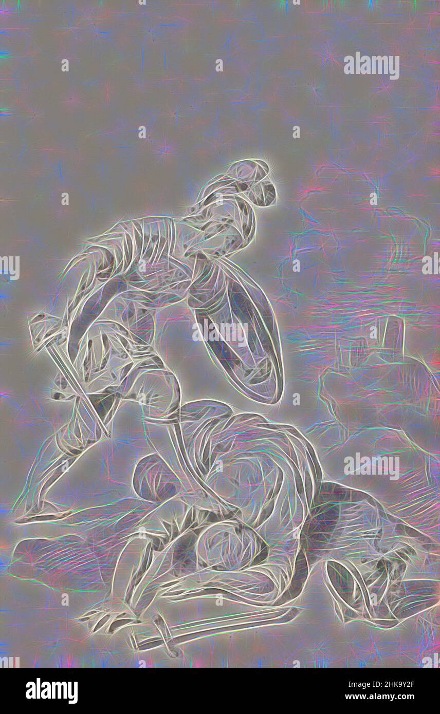 Inspiré par le soldat qui soulage un ennemi, le soldat, tenant un bouclier et une épée, se tient avec son pied droit sur un ennemi. À côté de cet homme se trouve une épée et un casque avec un dragon dessus. En arrière-plan un paysage de montagne avec deux tours. Feuille 42 recto à partir d'un carnet de croquis avec 63 feuilles, réimaginé par Artotop. L'art classique réinventé avec une touche moderne. Conception de lumière chaleureuse et gaie, de luminosité et de rayonnement de lumière. La photographie s'inspire du surréalisme et du futurisme, embrassant l'énergie dynamique de la technologie moderne, du mouvement, de la vitesse et révolutionne la culture Banque D'Images