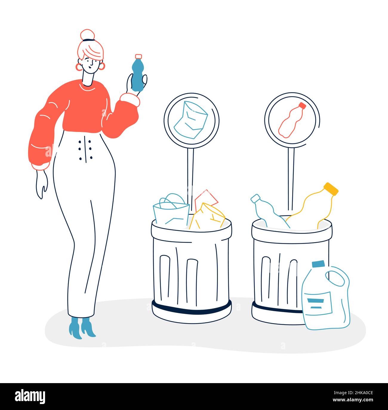 Tri des déchets - illustration moderne de style plat avec éléments de ligne.Une composition colorée avec une fille avec une bouteille en plastique dans sa main.Deux wast Illustration de Vecteur Tri des déchets - illustration moderne de style plat avec éléments de ligne.Une composition colorée avec une fille avec une bouteille en plastique dans sa main.Deux wast Illustration de Vecteur