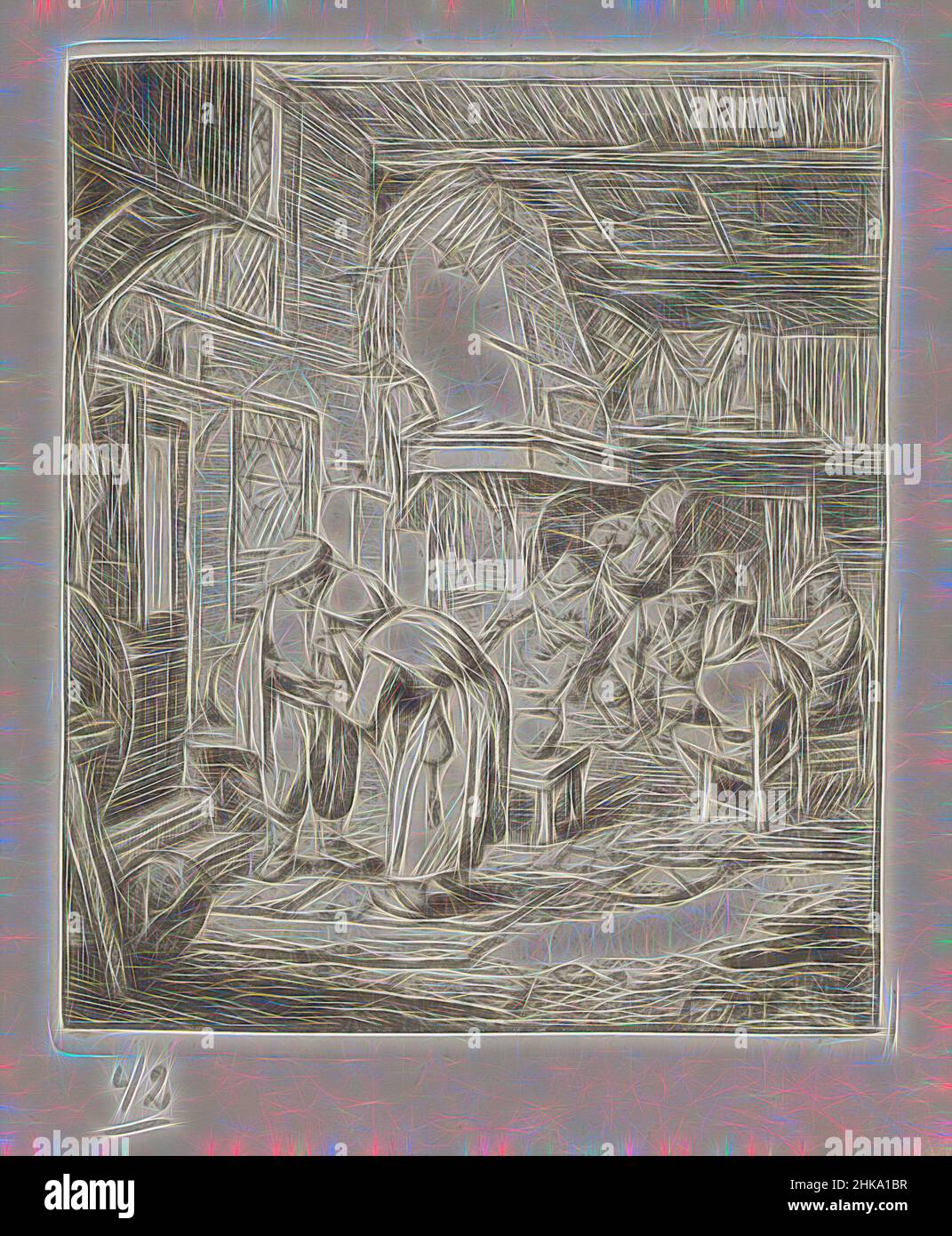 Inspiré par l'homme qui paie ses dépenses à une femme à une auberge, intérieur d'une auberge montrant un fermier réglant ses dépenses engagées avec une femme. La lumière entre par les fenêtres et une porte à moitié ouverte également sur un groupe d'hommes près de la cheminée à l'arrière de la pièce. L'imprimé fait partie d'un portfolio et est imprimé, réimaginé par Artotop. L'art classique réinventé avec une touche moderne. Conception de lumière chaleureuse et gaie, de luminosité et de rayonnement de lumière. La photographie s'inspire du surréalisme et du futurisme, embrassant l'énergie dynamique de la technologie moderne, du mouvement, de la vitesse et révolutionne la culture Banque D'Images