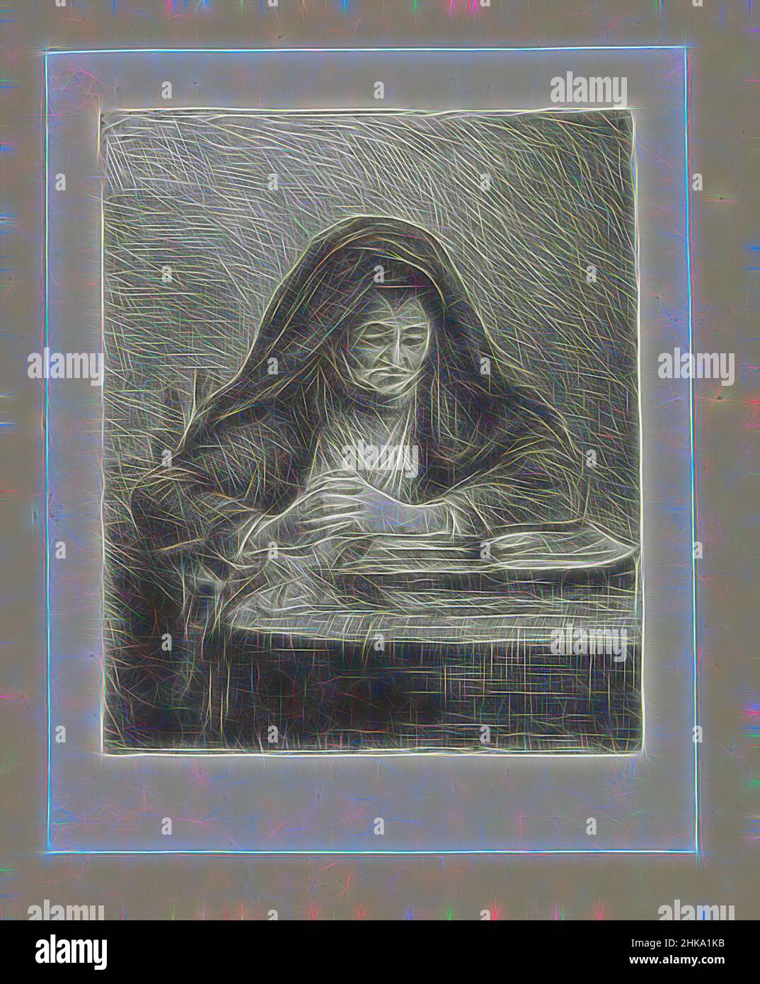 Inspirée par Reading Woman, la Compléte des gravures de John Chalon, oeuvre Compléte des eaux fortes par Jean Chalon, une vieille femme à voile noir. Elle est assise sur une chaise à une table et lit à partir d'un livre. Ses mains sont pliées. L'imprimé fait partie d'un album., imprimeur: Jan Chalon, Jan Chalon, repensé par Artotop. L'art classique réinventé avec une touche moderne. Conception de lumière chaleureuse et gaie, de luminosité et de rayonnement de lumière. La photographie s'inspire du surréalisme et du futurisme, embrassant l'énergie dynamique de la technologie moderne, du mouvement, de la vitesse et révolutionne la culture Banque D'Images