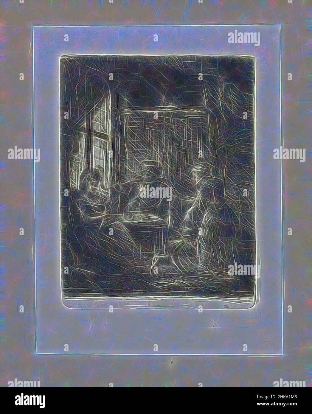 Inspirée par le salon avec couple, la Compléte des gravures de John Chalon, oeuvre Compléte des eaux fortes par Jean Chalon, l'intérieur d'un salon. Un homme fume un tuyau et regarde par la fenêtre pendant qu'il est assis. Sa femme lit le journal. La femme de ménage apporte du thé ou du café. Le, repensé par Artotop. L'art classique réinventé avec une touche moderne. Conception de lumière chaleureuse et gaie, de luminosité et de rayonnement de lumière. La photographie s'inspire du surréalisme et du futurisme, embrassant l'énergie dynamique de la technologie moderne, du mouvement, de la vitesse et révolutionne la culture Banque D'Images