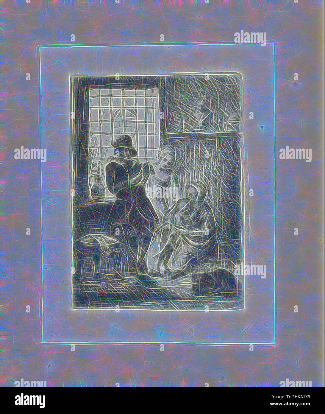 Inspirée par l'intérieur en famille, la Compléte des gravures de John Chalon, oeuvre Compléte des eaux fortes par Jean Chalon, intérieur d'un salon. À la fenêtre, un homme lit une brochure en se tenant debout, tandis que sa femme regarde l'amant jouer avec son enfant. L'imprimé fait partie d'un, repensé par Artotop. L'art classique réinventé avec une touche moderne. Conception de lumière chaleureuse et gaie, de luminosité et de rayonnement de lumière. La photographie s'inspire du surréalisme et du futurisme, embrassant l'énergie dynamique de la technologie moderne, du mouvement, de la vitesse et révolutionne la culture Banque D'Images