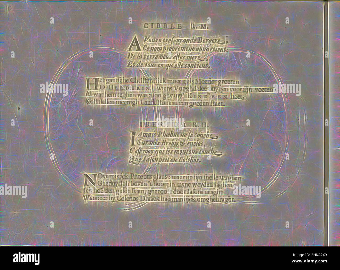 Inspiré par les Quatrains accompagnant les représentations de Cibele R.M. et Iberida R. H. les vrais pourtraits de quelques une des plus grandes dames de la chrestiente desguisees en bergères., deux fois deux quatrains en français et néerlandais aux représentations de Cibele R.M. et Iberida R.H. La feuille est, réimaginée par Artotop. L'art classique réinventé avec une touche moderne. Conception de lumière chaleureuse et gaie, de luminosité et de rayonnement de lumière. La photographie s'inspire du surréalisme et du futurisme, embrassant l'énergie dynamique de la technologie moderne, du mouvement, de la vitesse et révolutionne la culture Banque D'Images