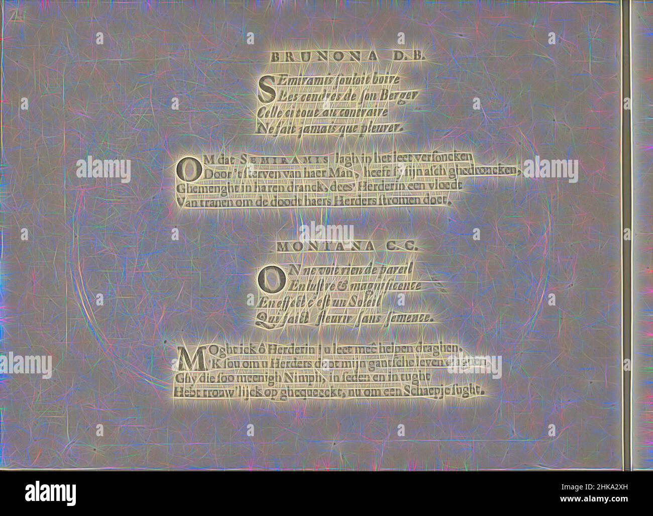 Inspiré par les quatre représentations de Brunona D.B. et Montana C.C.les vrais pourtraits de quelques une des plus grandes dames de la chrestiente desguisees en bergères., deux fois deux quatrains en français et néerlandais aux représentations de Brunona D.B. et Montana c.c. La feuille fait partie de, réimaginée par Artotop. L'art classique réinventé avec une touche moderne. Conception de lumière chaleureuse et gaie, de luminosité et de rayonnement de lumière. La photographie s'inspire du surréalisme et du futurisme, embrassant l'énergie dynamique de la technologie moderne, du mouvement, de la vitesse et révolutionne la culture Banque D'Images