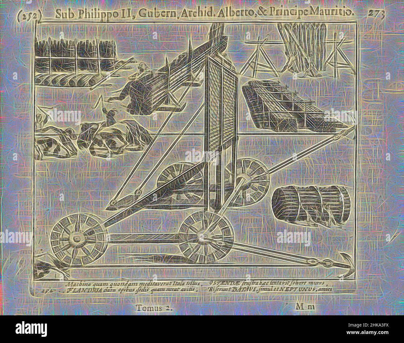 Inspiré par le siège d'Ostende : instruments utilisés par Spinola pendant le siège, 1601-1604, instruments utilisés par Spinola pendant le siège d'Ostende, 1601. Avec 4 lignes de légende en latin. Numéroté : 252. Imprimé au verso avec du texte en latin., imprimeur: Simon Frison, éditeur: Michiel Colijn, imprimeur, réimaginé par Artotop. L'art classique réinventé avec une touche moderne. Conception de lumière chaleureuse et gaie, de luminosité et de rayonnement de lumière. La photographie s'inspire du surréalisme et du futurisme, embrassant l'énergie dynamique de la technologie moderne, du mouvement, de la vitesse et révolutionne la culture Banque D'Images