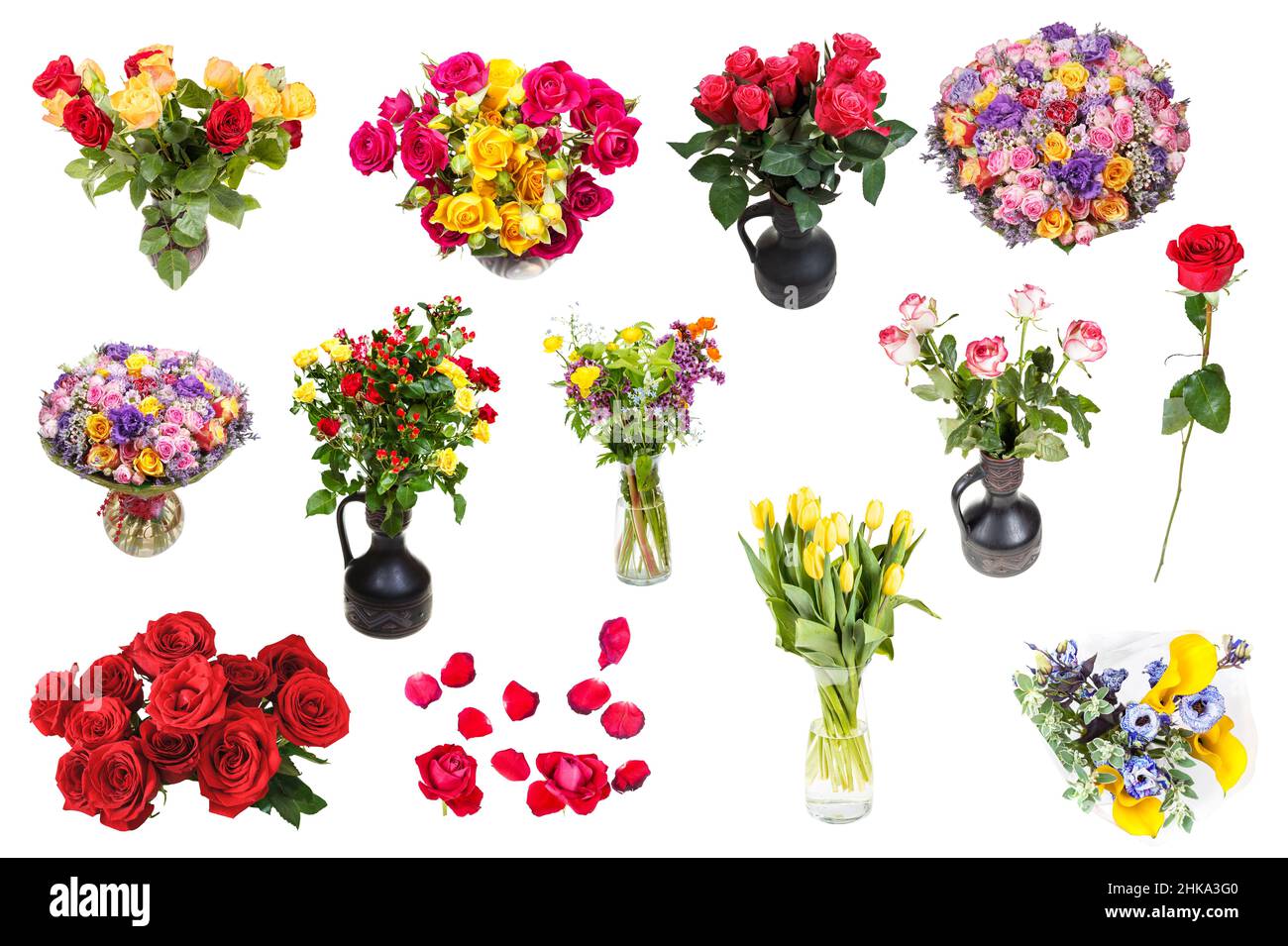 ensemble de différents bouquet de fleurs isolées sur fond blanc Banque D'Images
