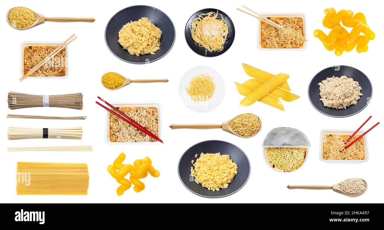 ensemble de pâtes et nouilles cuites et sèches isolées sur fond blanc Banque D'Images