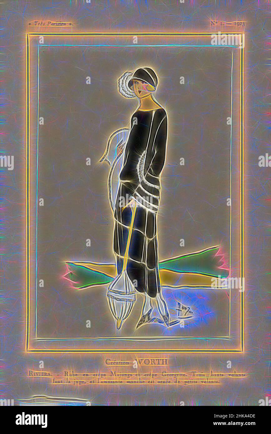 Inspiré par Très parisien, 1923, No 1: Création VALANT..., Japon par valeur de crêpe Majunga et crêpe Georgette avec trois bandes sur la jupe et de grands poignets avec bandes. Imprimé du magazine de mode Très parisien (1920-1936)., Imprimeur:, Worth, Paris, 1923, Papier, impression typographique, hauteur, repensé par Artotop. L'art classique réinventé avec une touche moderne. Conception de lumière chaleureuse et gaie, de luminosité et de rayonnement de lumière. La photographie s'inspire du surréalisme et du futurisme, embrassant l'énergie dynamique de la technologie moderne, du mouvement, de la vitesse et révolutionne la culture Banque D'Images