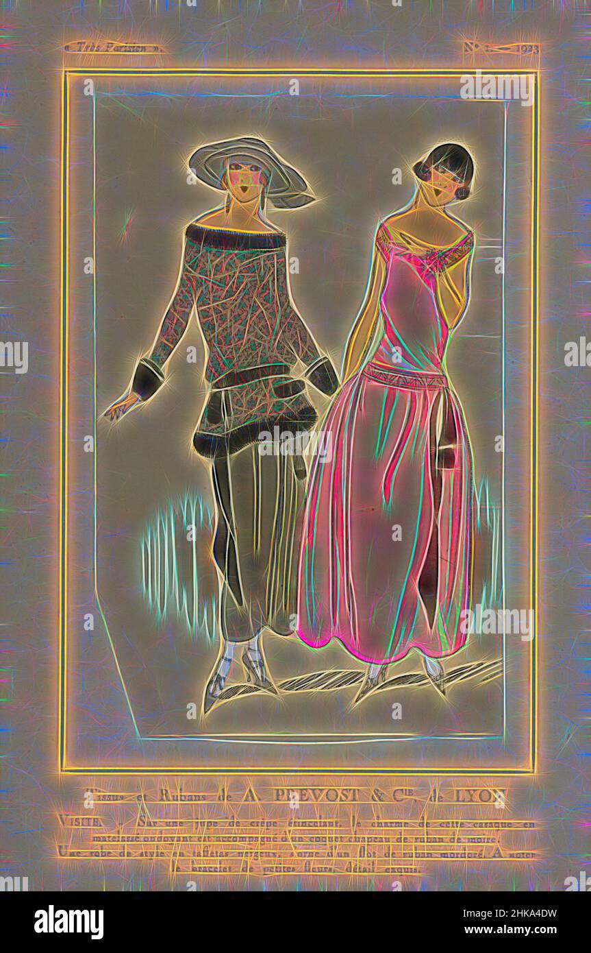 Inspiré par Très parisien, 1923, No 1: Tissus et Rubans de A. PREVOST ..., Casaque sur une jupe de crêpe brillante avec chapeau assorti; "robe de style" de taffeta. Imprimé du magazine de mode Très parisien (1920-1936)., imprimerie:, G-P. Joumard, Paris, 1923, papier, impression typographique, Hauteur 269 mm, repensé par Artotop. L'art classique réinventé avec une touche moderne. Conception de lumière chaleureuse et gaie, de luminosité et de rayonnement de lumière. La photographie s'inspire du surréalisme et du futurisme, embrassant l'énergie dynamique de la technologie moderne, du mouvement, de la vitesse et révolutionne la culture Banque D'Images