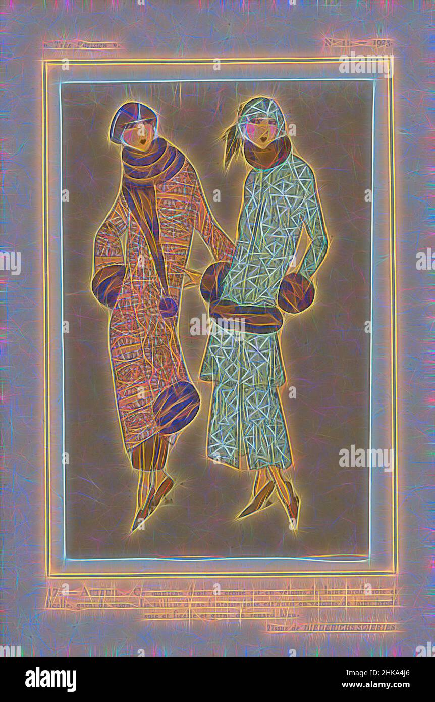 Inspiré par très parisien, 1923, No 11: 17.- AUTEUIL. - Ce manteau droit...., manteau, coupe droite avec fermeture inclinée, de « fours de laine » brodés de soie et de « fiche », garni de vison. Tailleur (costume) aussi de 'V de laine' brodés avec de la soie et 'ficelle', garni de ', réimaginé par Artotop. L'art classique réinventé avec une touche moderne. Conception de lumière chaleureuse et gaie, de luminosité et de rayonnement de lumière. La photographie s'inspire du surréalisme et du futurisme, embrassant l'énergie dynamique de la technologie moderne, du mouvement, de la vitesse et révolutionne la culture Banque D'Images