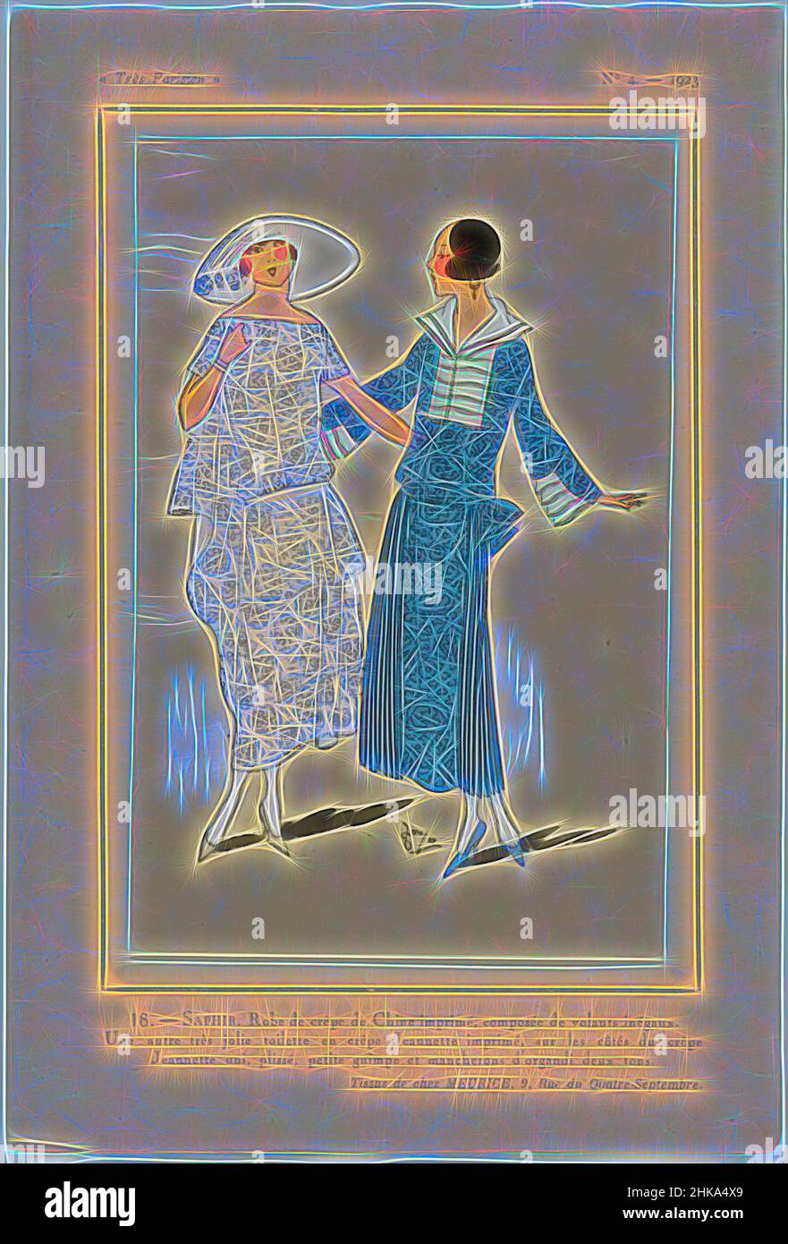Inspiré par Très parisien, 1923, n° 4: SAPHIR., robe de 'crêpe de Chine' imprimée composée de flounces inégales. Une autre 'toilette' de 'crêpe Jeannette' imprimée, avec une crêpe Jeannette unie des deux côtés, plissée, petite 'guimpe' et poignets en organdi bicolore. Tissus de Meurice. Imprimé du, repensé par Artotop. L'art classique réinventé avec une touche moderne. Conception de lumière chaleureuse et gaie, de luminosité et de rayonnement de lumière. La photographie s'inspire du surréalisme et du futurisme, embrassant l'énergie dynamique de la technologie moderne, du mouvement, de la vitesse et révolutionne la culture Banque D'Images