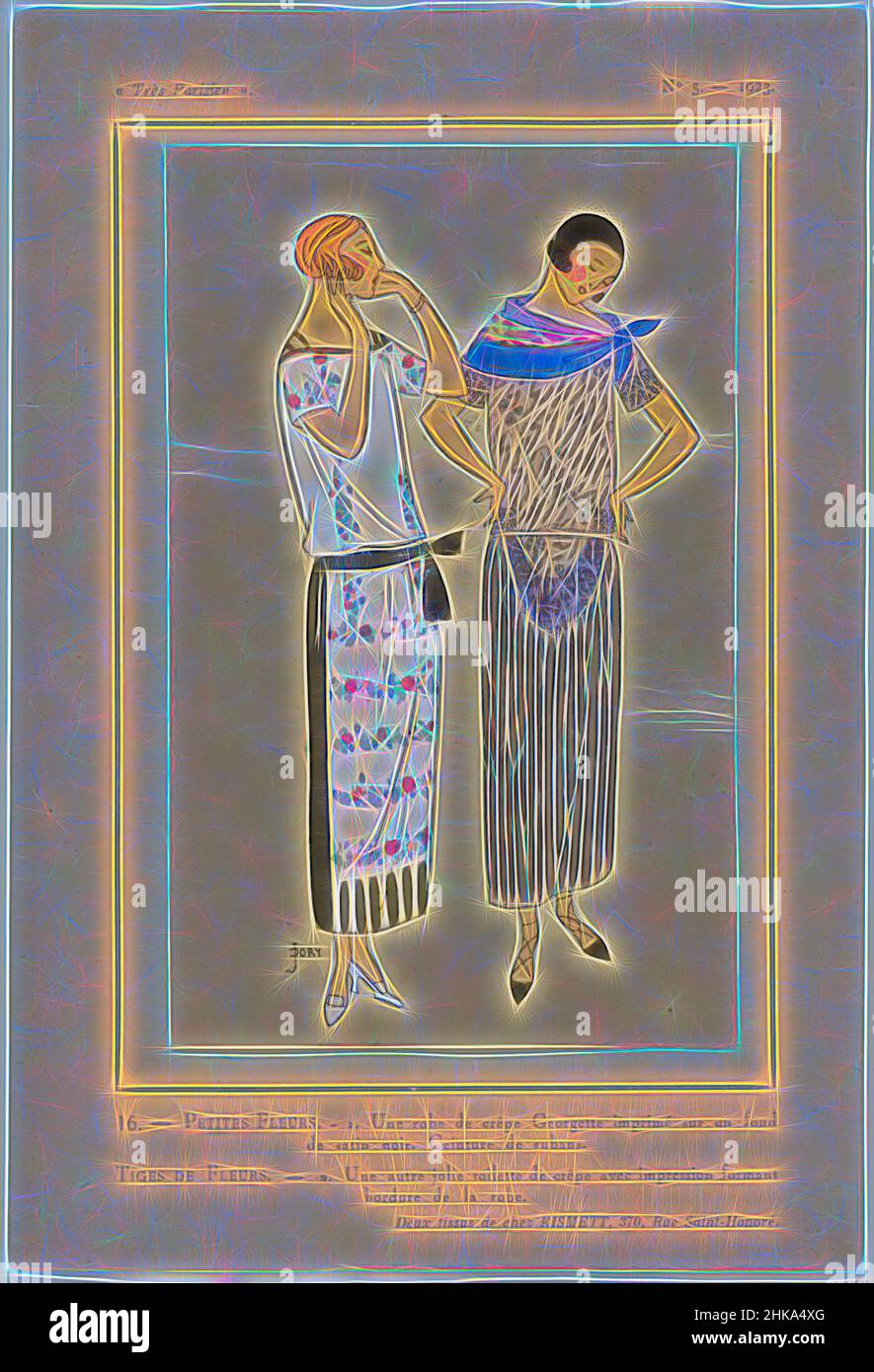 Inspiré par très parisien, 1923, No 5: 16.-PETITES FLEURS. - Une robe de crêpe Georgette..., 1. Robe de crêpe Georgette imprimée sur un sol en satin noir. Ceinture de rubans. 2. Une autre «toilette» de crêpe imprimée formant le bord de la robe. Deux tissus de Kismett. Imprimé de la mode, repensé par Artotop. L'art classique réinventé avec une touche moderne. Conception de lumière chaleureuse et gaie, de luminosité et de rayonnement de lumière. La photographie s'inspire du surréalisme et du futurisme, embrassant l'énergie dynamique de la technologie moderne, du mouvement, de la vitesse et révolutionne la culture Banque D'Images