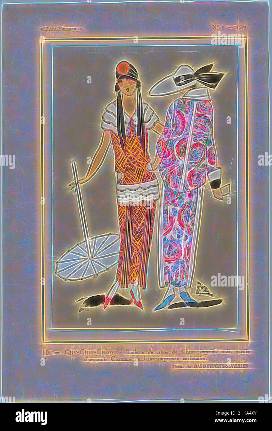 Inspiré par Très parisien. La mode, le chic, l'Elégance, très parisien, 1923, No 5: 10.- CHU-CHIN-CHOW..., 'Toieltte' de crêpe de Chine imprimée en noir, décorée d'organdi . Costume (costume?) de laine imprimée avec du cachemire. Tissus de Diéderichs- Soieries. Accessoires: cloche (chapeau de pot) avec noeud, repensé par Artotop. L'art classique réinventé avec une touche moderne. Conception de lumière chaleureuse et gaie, de luminosité et de rayonnement de lumière. La photographie s'inspire du surréalisme et du futurisme, embrassant l'énergie dynamique de la technologie moderne, du mouvement, de la vitesse et révolutionne la culture Banque D'Images