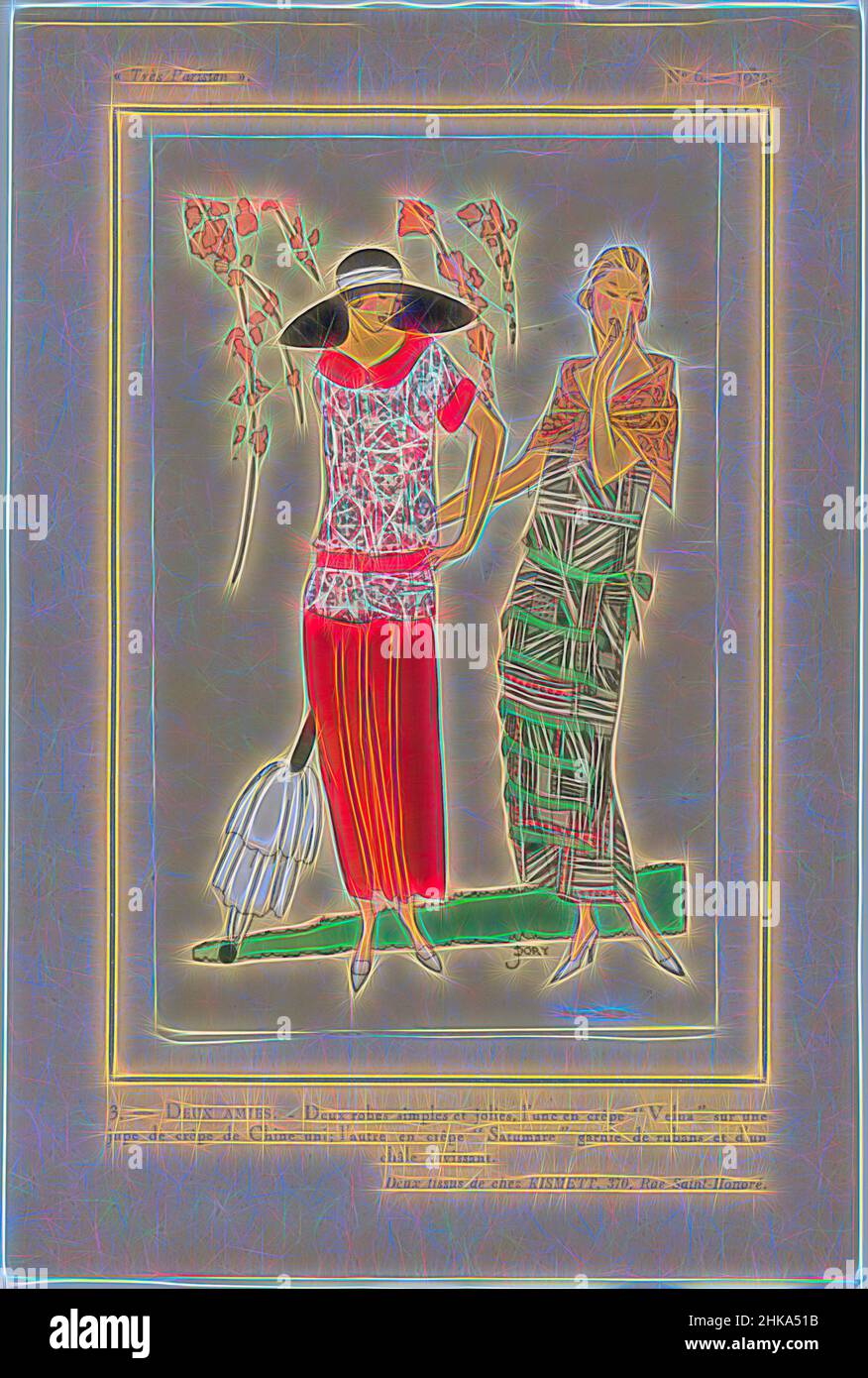 Inspiré par Très parisien, 1923, No 6: 3.- DEUX AMIES. - Deux robes simples Simples..., deux robes simples: Une de crêpe Velna sur une jupe unie de crêpe de Chine; l'autre de crêpe Satumare garnie de rubans et d'un châle. Accessoires: chapeau à large bord, parasol(?), pumps.Two Fabrics de Kismett. Imprimé, repensé par Artotop. L'art classique réinventé avec une touche moderne. Conception de lumière chaleureuse et gaie, de luminosité et de rayonnement de lumière. La photographie s'inspire du surréalisme et du futurisme, embrassant l'énergie dynamique de la technologie moderne, du mouvement, de la vitesse et révolutionne la culture Banque D'Images