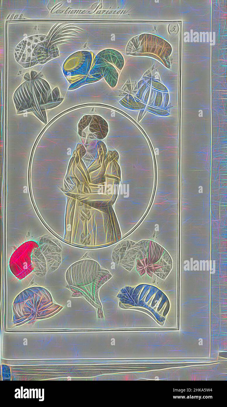 Inspiré par Journal des Dames et des modes, édition Francfort 1 Février 1808, Costume parisien (5), Femme en forme ovale autour duquel sont dix modèles de chapeaux. Le texte d'accompagnement ( p. 126) indique: Fig. 1: Cheveux bouclés. Boucles d'oreilles et palmier agathisé. Redingote de tissu avec poignets en satin. Figure 2, repensé par Artotop. L'art classique réinventé avec une touche moderne. Conception de lumière chaleureuse et gaie, de luminosité et de rayonnement de lumière. La photographie s'inspire du surréalisme et du futurisme, embrassant l'énergie dynamique de la technologie moderne, du mouvement, de la vitesse et révolutionne la culture Banque D'Images