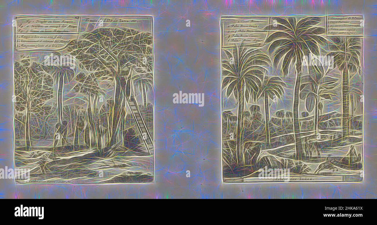 Inspiré par les paysages aux mangues, cocotiers et palmiers, fruits de l'ile de Java, etc., arbres des Indes, les Indes Orientales et Occidentales et autres lieux, deux représentations sur une feuille d'album. Sur la gauche un paysage avec le manguier. Sur une échelle contre l'arbre, un homme est piquant, réimaginé par Artotop. L'art classique réinventé avec une touche moderne. Conception de lumière chaleureuse et gaie, de luminosité et de rayonnement de lumière. La photographie s'inspire du surréalisme et du futurisme, embrassant l'énergie dynamique de la technologie moderne, du mouvement, de la vitesse et révolutionne la culture Banque D'Images
