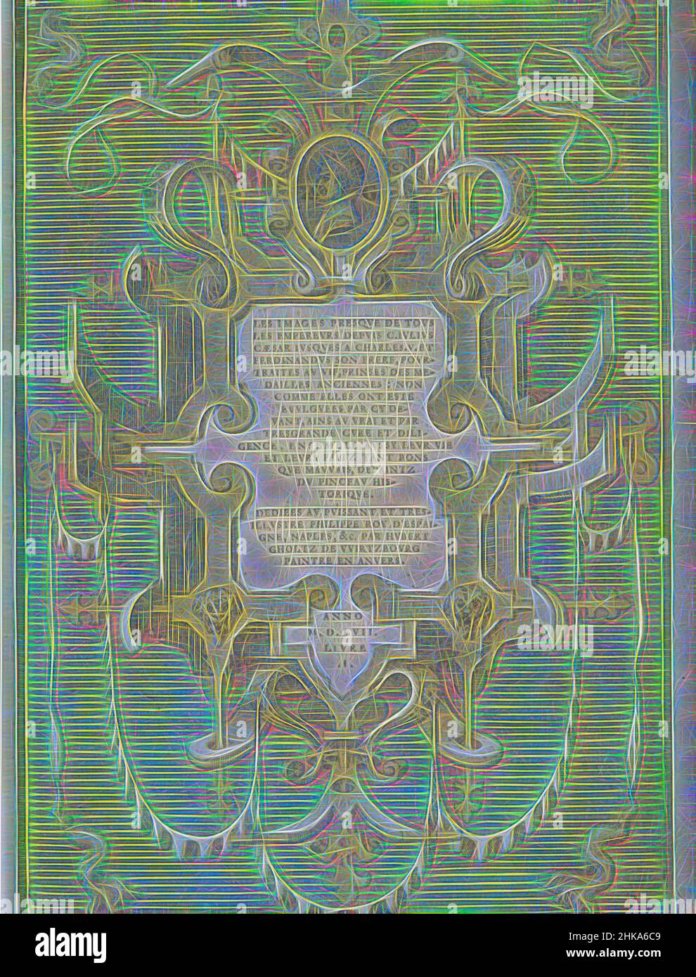 Inspiré par Cartouche avec dans le cadre le portrait d'Hubert Goltzius, les images presse de tous les empereurs depuis C. Julius Caesar justices a Charles .V. et Ferdinandus son frère, pourtraitites au vif, princes des medailles anciennes: Non comme elles ont été éludées par cy devant, Ains au vrai, repensé par Artotop. L'art classique réinventé avec une touche moderne. Conception de lumière chaleureuse et gaie, de luminosité et de rayonnement de lumière. La photographie s'inspire du surréalisme et du futurisme, embrassant l'énergie dynamique de la technologie moderne, du mouvement, de la vitesse et révolutionne la culture Banque D'Images