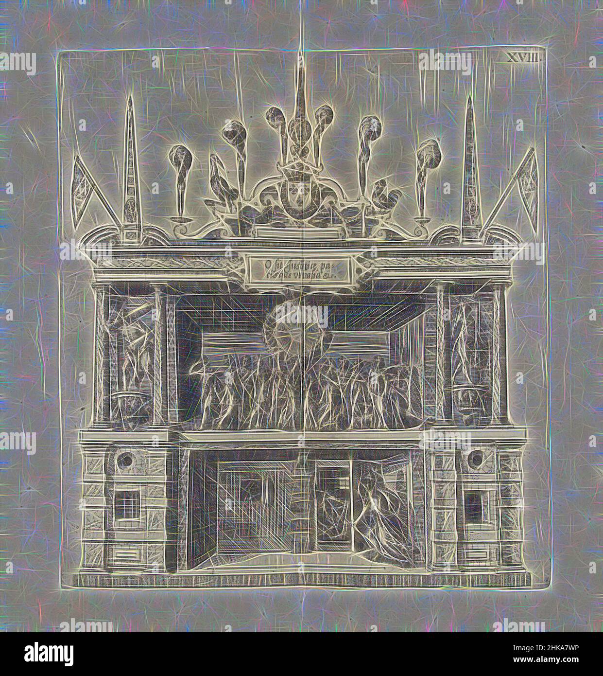 Inspiré par la scène sur laquelle Unity enferme Unity en prison, 1582, scène au couvent Saint-Michel près du palais montrant au-dessus d'un groupe de figures allégoriques et en dessous de Unity enfermer Unity en prison. Plaque XVIII dans la description de l'entrée du duc d'Anjou à Anvers, le 19 février 1582, réimaginé par Artotop. L'art classique réinventé avec une touche moderne. Conception de lumière chaleureuse et gaie, de luminosité et de rayonnement de lumière. La photographie s'inspire du surréalisme et du futurisme, embrassant l'énergie dynamique de la technologie moderne, du mouvement, de la vitesse et révolutionne la culture Banque D'Images