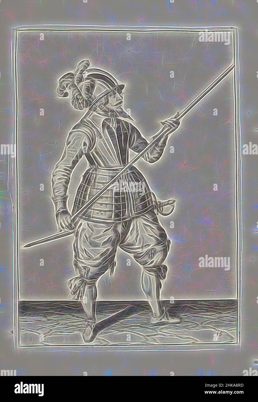 Inspiré par Soldier portant sa lance avec les deux mains par son côté droit, le point pointe diagonalement vers le haut (non 15), c. 1600, Un soldat, pleine longueur, portant une lance (lance) avec les deux mains par son côté droit, le point pointe diagonalement vers le haut (non 15), c. 1600. C'est le premier acte de placement, réimaginé par Artotop. L'art classique réinventé avec une touche moderne. Conception de lumière chaleureuse et gaie, de luminosité et de rayonnement de lumière. La photographie s'inspire du surréalisme et du futurisme, embrassant l'énergie dynamique de la technologie moderne, du mouvement, de la vitesse et révolutionne la culture Banque D'Images
