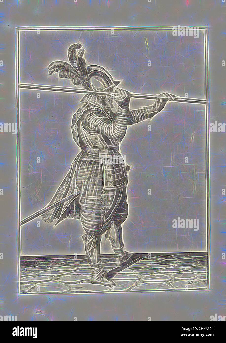 Inspiré par Soldier levant sa lance avec les deux mains horizontalement au-dessus de son épaule droite (non 27), c. 1600, Un soldat, pleine longueur, à droite, soulevant une lance (lance) avec les deux mains horizontalement au-dessus de son épaule droite (non 27), c. 1600. Plaque 27 dans les instructions de manipulation de la lance, repensée par Artotop. L'art classique réinventé avec une touche moderne. Conception de lumière chaleureuse et gaie, de luminosité et de rayonnement de lumière. La photographie s'inspire du surréalisme et du futurisme, embrassant l'énergie dynamique de la technologie moderne, du mouvement, de la vitesse et révolutionne la culture Banque D'Images