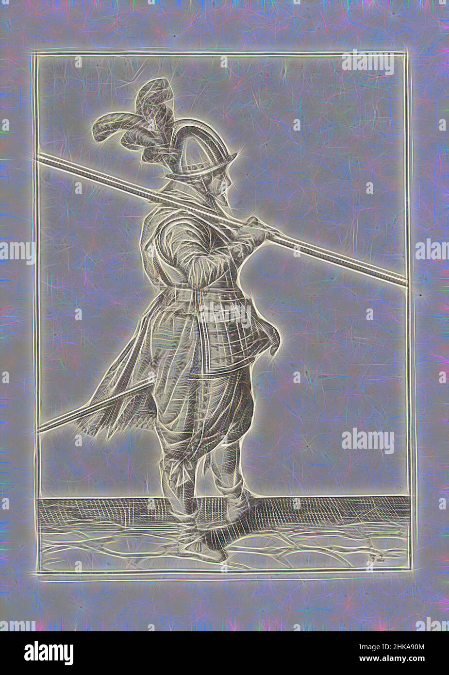 Inspiré par Soldier portant sa lance sur son épaule droite, le point dirigé obliquement vers le sol (non 32), c. 1600, Un soldat, de pleine longueur, à droite, portant une lance sur son épaule droite, la pointe dirigée obliquement vers le sol. Sa main droite autour de la lance (non 32), ca, réimaginé par Artotop. L'art classique réinventé avec une touche moderne. Conception de lumière chaleureuse et gaie, de luminosité et de rayonnement de lumière. La photographie s'inspire du surréalisme et du futurisme, embrassant l'énergie dynamique de la technologie moderne, du mouvement, de la vitesse et révolutionne la culture Banque D'Images