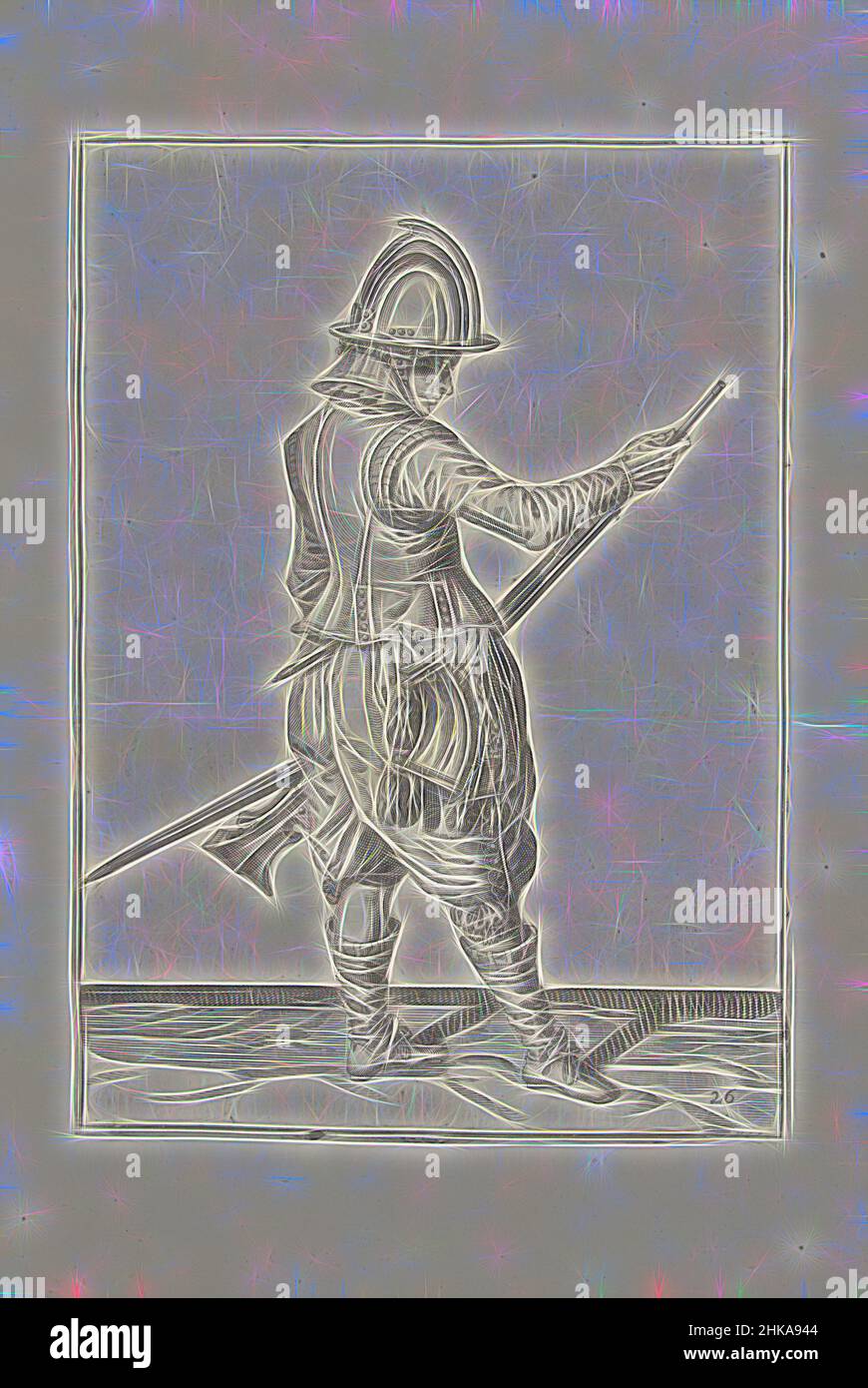 Inspiré par Soldier poussant la poudre et la balle dans le corps de sa barre avec son ramrod (no 26), c. 1600, Un soldat, de pleine longueur, à droite, tenant une barre (un certain type d'arme à feu) avec sa main gauche près de sa cuisse gauche et apportant son ramrod dans le canon avec sa main droite, pour pousser, réimaginé par Artotop. L'art classique réinventé avec une touche moderne. Conception de lumière chaleureuse et gaie, de luminosité et de rayonnement de lumière. La photographie s'inspire du surréalisme et du futurisme, embrassant l'énergie dynamique de la technologie moderne, du mouvement, de la vitesse et révolutionne la culture Banque D'Images