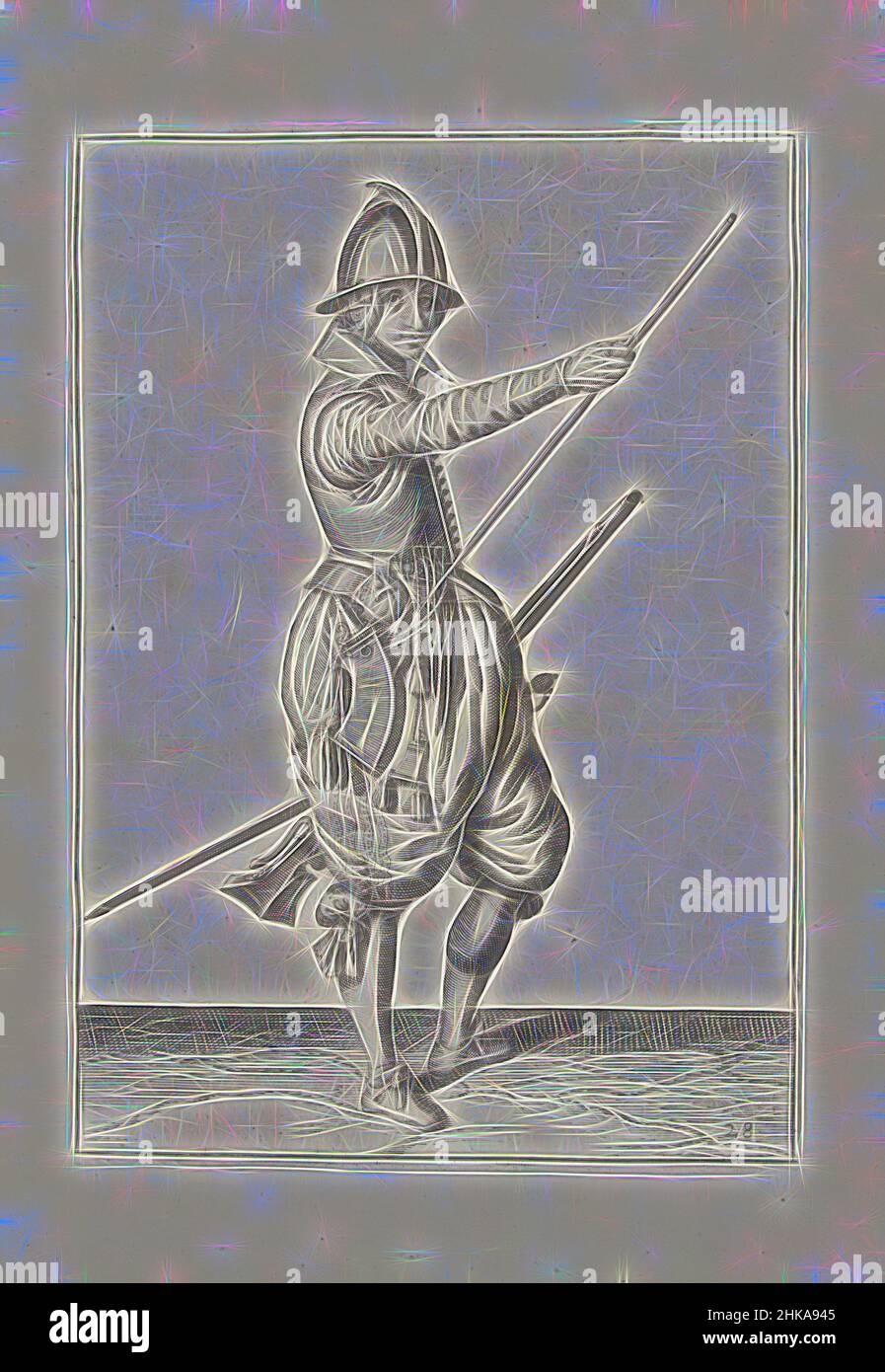 Inspiré par Soldier tenant un gouvernail glissant sa main droite jusqu'à l'extrémité de son ramrod (no 28), c. 1600, Un soldat, de pleine longueur, à droite, tenant un gouvernail (un type particulier d'arme à feu) avec sa main gauche près de sa cuisse gauche et amenant sa main droite à l'extrémité de son ramrod, qu'il repose, réimaginé par Artotop. L'art classique réinventé avec une touche moderne. Conception de lumière chaleureuse et gaie, de luminosité et de rayonnement de lumière. La photographie s'inspire du surréalisme et du futurisme, embrassant l'énergie dynamique de la technologie moderne, du mouvement, de la vitesse et révolutionne la culture Banque D'Images
