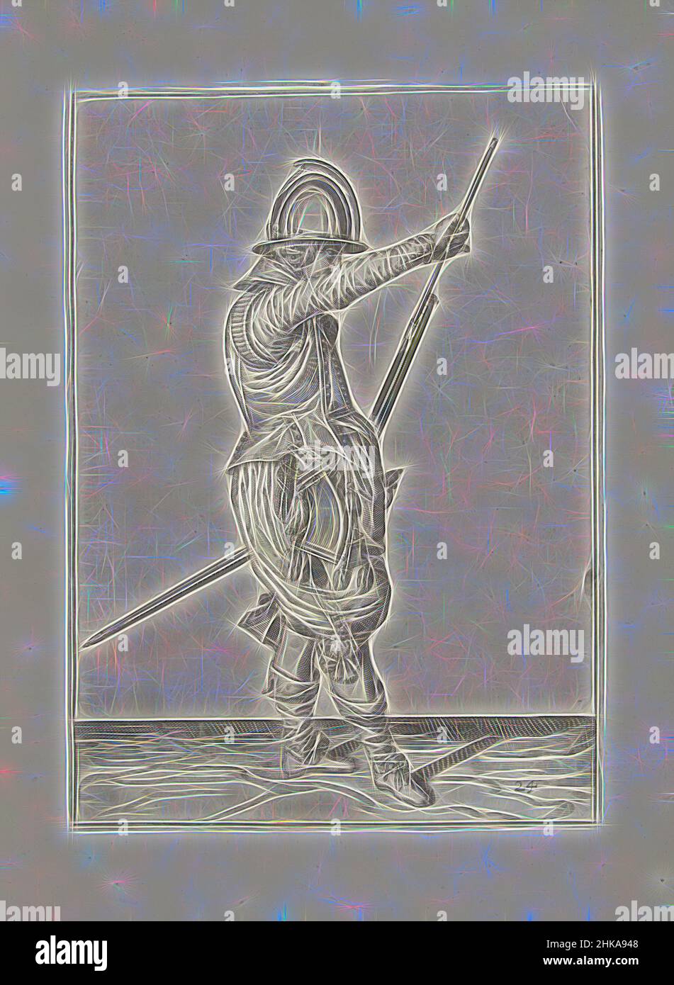 Inspiré par Soldier en retirant sa barre de son support sous le canon de sa barre (non 24), c. 1600, Un soldat, de pleine longueur, à droite, tenant une barre (un certain type d'arme à feu) avec sa main gauche près de sa cuisse gauche et en retirant le ramrod du support sous le canon avec sa main droite, réimaginé par Artotop. L'art classique réinventé avec une touche moderne. Conception de lumière chaleureuse et gaie, de luminosité et de rayonnement de lumière. La photographie s'inspire du surréalisme et du futurisme, embrassant l'énergie dynamique de la technologie moderne, du mouvement, de la vitesse et révolutionne la culture Banque D'Images