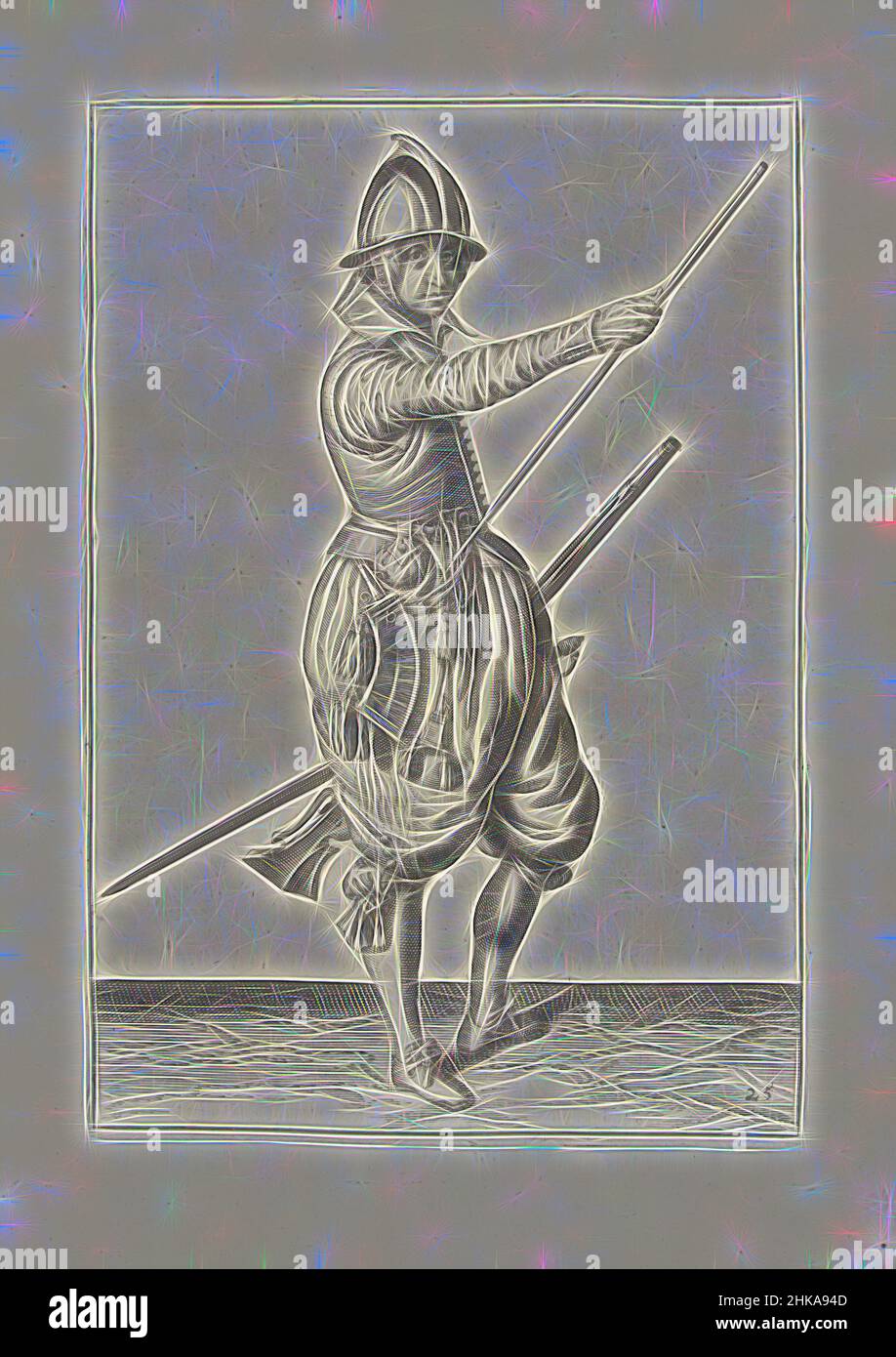 Inspiré par Soldier tenant un gouvernail glissant sa main droite jusqu'à l'extrémité de son ramrod (no 25), c. 1600, Un soldat, de pleine longueur, à droite, tenant un gouvernail (un certain type d'arme à feu) avec sa main gauche près de sa cuisse gauche et amenant sa main droite à l'extrémité de son ramrod, qu'il repose, réimaginé par Artotop. L'art classique réinventé avec une touche moderne. Conception de lumière chaleureuse et gaie, de luminosité et de rayonnement de lumière. La photographie s'inspire du surréalisme et du futurisme, embrassant l'énergie dynamique de la technologie moderne, du mouvement, de la vitesse et révolutionne la culture Banque D'Images