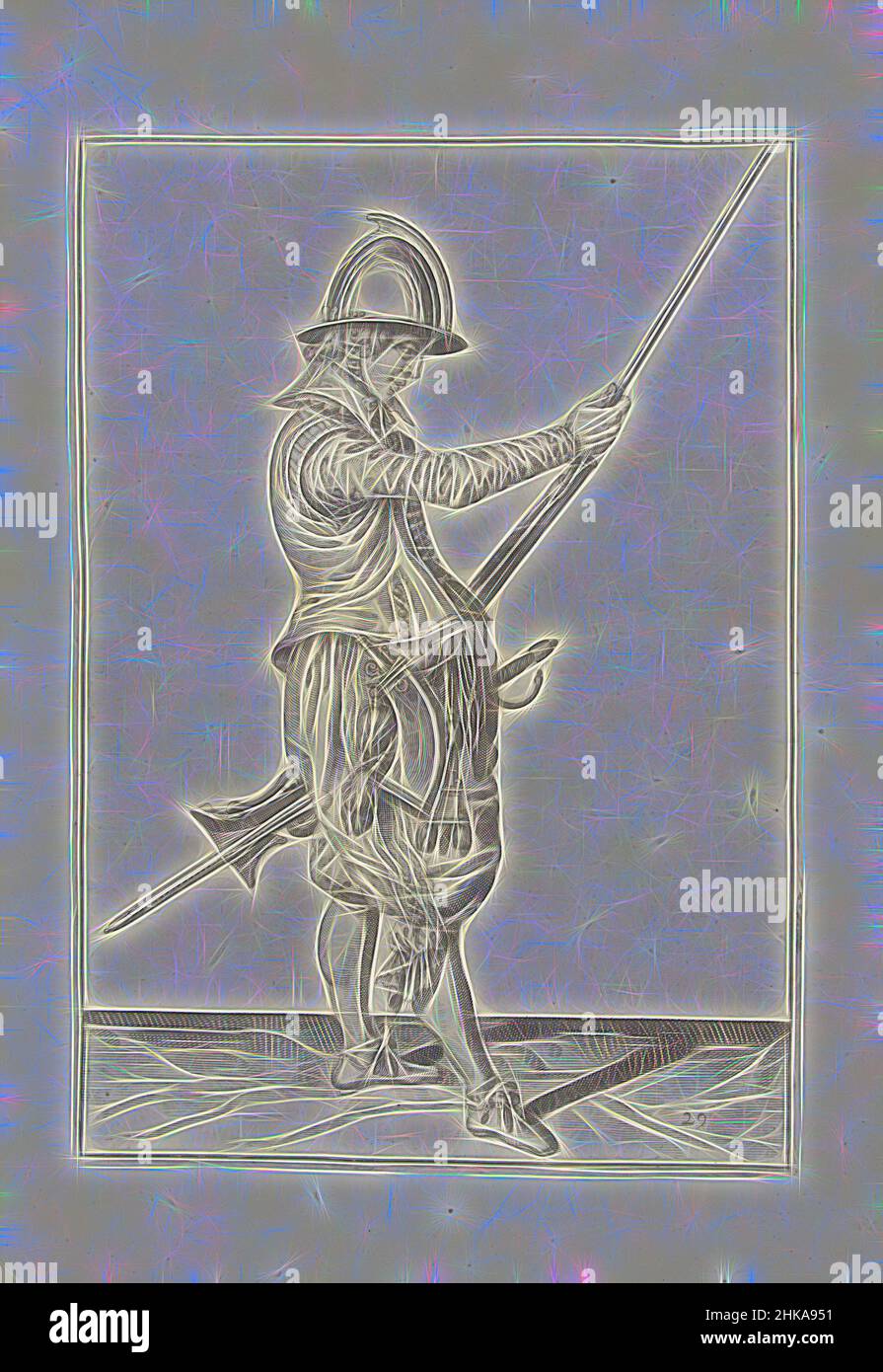Inspiré par Soldier glissant sa baguette dans le support sous le canon de sa barre (no 29), c. 1600, Un soldat, de pleine longueur, à droite, tenant une barre (un type particulier d'arme à feu) avec sa main gauche près de sa cuisse gauche et faisant glisser la barre dans le support sous le canon avec sa main droite, réimaginé par Artotop. L'art classique réinventé avec une touche moderne. Conception de lumière chaleureuse et gaie, de luminosité et de rayonnement de lumière. La photographie s'inspire du surréalisme et du futurisme, embrassant l'énergie dynamique de la technologie moderne, du mouvement, de la vitesse et révolutionne la culture Banque D'Images