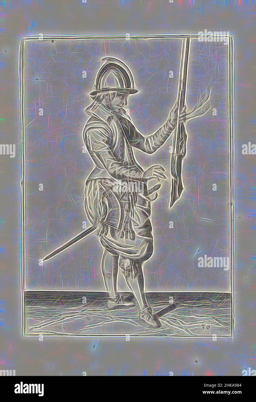 Inspiré par Soldier tenant sa barre droite avec sa main gauche (non 30), c. 1600, Un soldat, de pleine longueur, à droite, tenant une barre (un type particulier d'arme à feu) avec sa main gauche, le canon pointant vers le haut, avant de transférer l'arme à sa main droite. Dans sa main gauche, en plus de la, repensée par Artotop. L'art classique réinventé avec une touche moderne. Conception de lumière chaleureuse et gaie, de luminosité et de rayonnement de lumière. La photographie s'inspire du surréalisme et du futurisme, embrassant l'énergie dynamique de la technologie moderne, du mouvement, de la vitesse et révolutionne la culture Banque D'Images