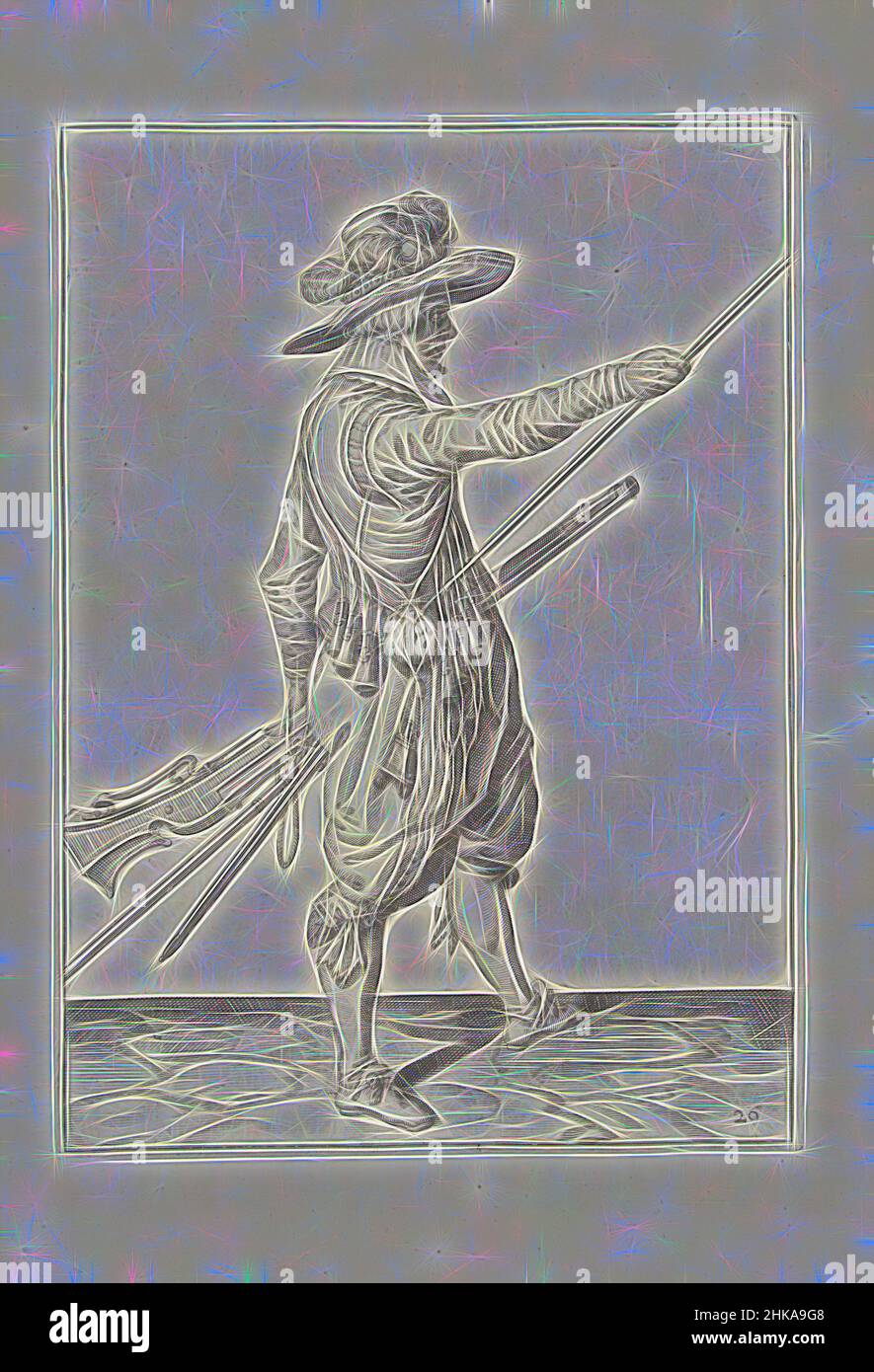 Inspiré par Soldier avec un mousquet glissant sa main droite jusqu'à la fin de son ramrod (no 26), c. 1600, Un soldat, de pleine longueur, à droite, tenant un mousquet (un type particulier d'arme à feu) avec sa main gauche près de sa cuisse gauche et amenant sa main droite à l'extrémité de son ramrod, qu'il repose, réimaginé par Artotop. L'art classique réinventé avec une touche moderne. Conception de lumière chaleureuse et gaie, de luminosité et de rayonnement de lumière. La photographie s'inspire du surréalisme et du futurisme, embrassant l'énergie dynamique de la technologie moderne, du mouvement, de la vitesse et révolutionne la culture Banque D'Images