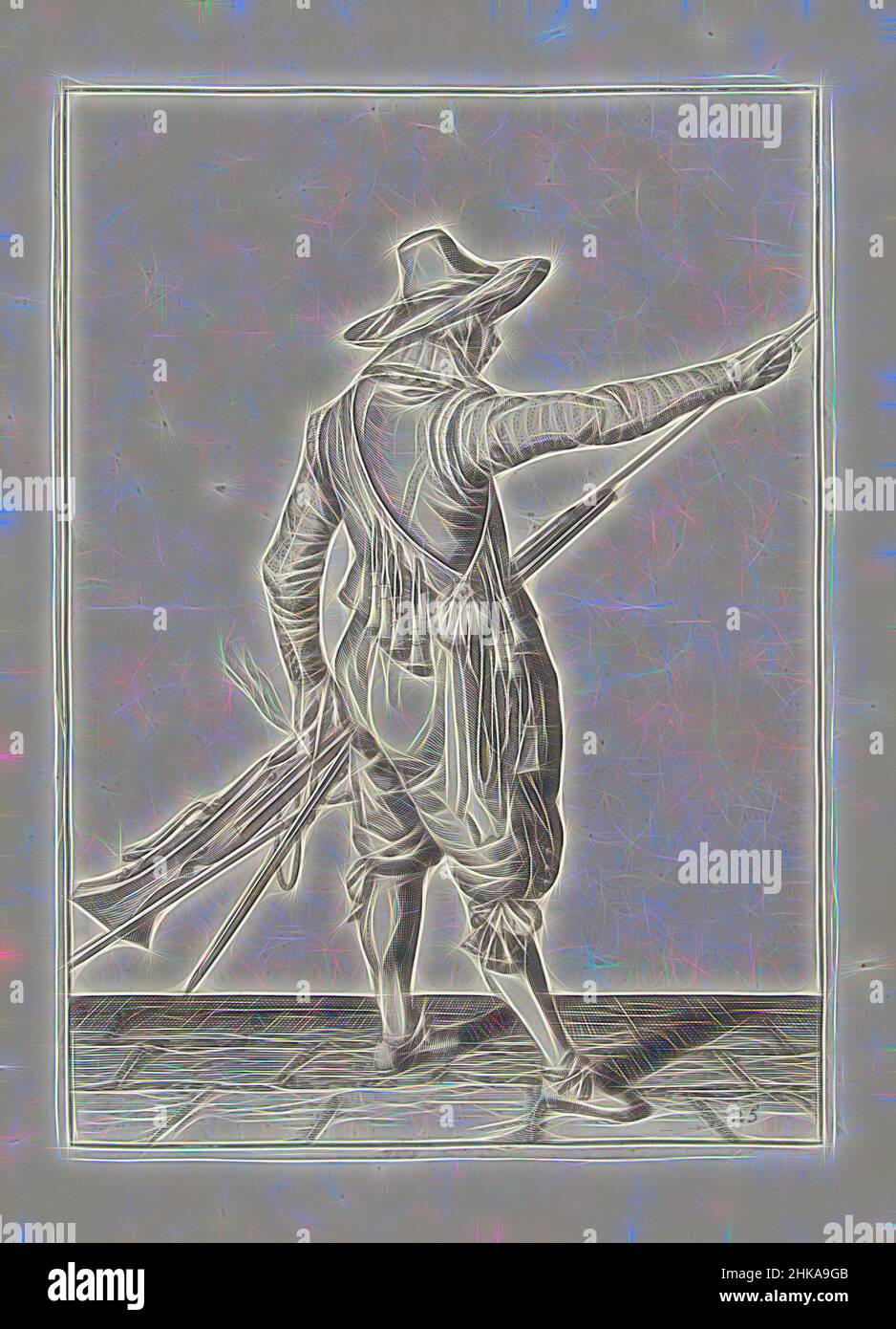Inspiré par Soldier en retirant son ramrod du support sous le canon de son musket (no 25), c. 1600, Un soldat, plein-pied, à droite, vu de derrière, Tenant un mousquet (un certain type d'arme à feu) avec sa main gauche près de sa cuisse gauche et en retirant le ramRod du support sous le, réimaginé par Artotop. L'art classique réinventé avec une touche moderne. Conception de lumière chaleureuse et gaie, de luminosité et de rayonnement de lumière. La photographie s'inspire du surréalisme et du futurisme, embrassant l'énergie dynamique de la technologie moderne, du mouvement, de la vitesse et révolutionne la culture Banque D'Images