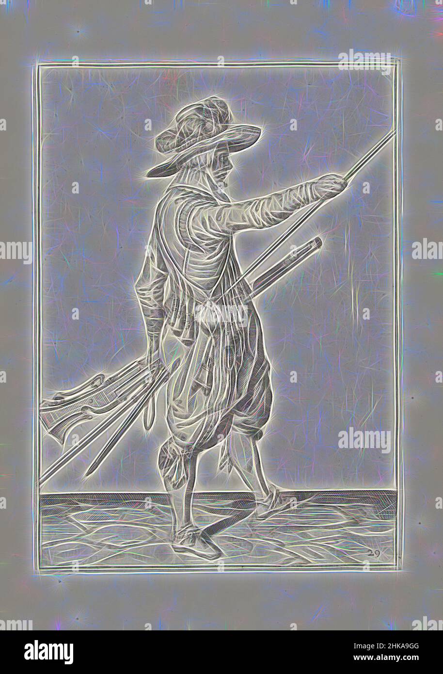 Inspiré par Soldier avec un mousquet glissant sa main droite jusqu'à la fin de son ramrod (no 29), c. 1600, Un soldat, de pleine longueur, à droite, tenant un mousquet (un type particulier d'arme à feu) avec sa main gauche près de sa cuisse gauche et amenant sa main droite à l'extrémité de son ramrod, qu'il repose, réimaginé par Artotop. L'art classique réinventé avec une touche moderne. Conception de lumière chaleureuse et gaie, de luminosité et de rayonnement de lumière. La photographie s'inspire du surréalisme et du futurisme, embrassant l'énergie dynamique de la technologie moderne, du mouvement, de la vitesse et révolutionne la culture Banque D'Images