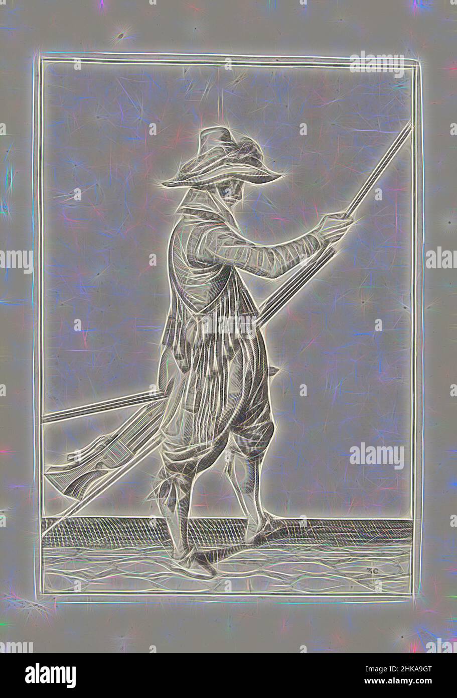 Inspiré par Soldier glissant sa baguette dans le support sous le canon de son musket (no 30), c. 1600, Un soldat, de pleine longueur, à droite, tenant un mousquet (un certain type d'arme à feu) avec sa main gauche près de sa cuisse gauche et glissant le ramrod dans le support sous le canon avec sa droite, réimaginé par Artotop. L'art classique réinventé avec une touche moderne. Conception de lumière chaleureuse et gaie, de luminosité et de rayonnement de lumière. La photographie s'inspire du surréalisme et du futurisme, embrassant l'énergie dynamique de la technologie moderne, du mouvement, de la vitesse et révolutionne la culture Banque D'Images