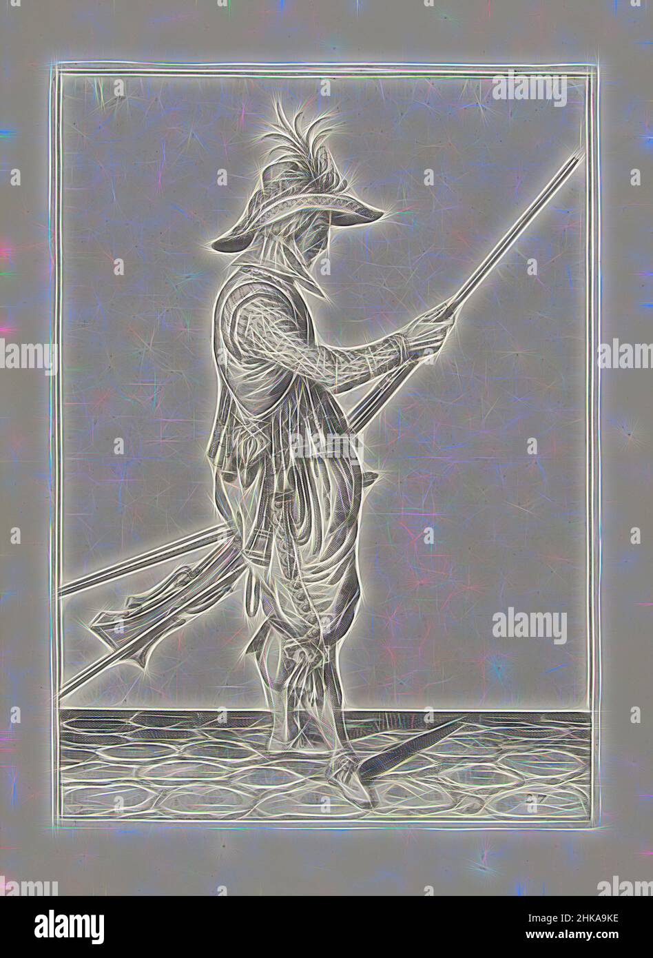 Inspiré par Soldier poussant la poudre et la balle dans le canon de son musket avec son ramrod (no 27), c. 1600, Un soldat, pleine longueur, à droite, tenant un mousquet (un certain type d'arme à feu) avec sa main gauche près de sa cuisse gauche et apportant son ramrod dans le canon avec sa main droite, pour pousser, réimaginé par Artotop. L'art classique réinventé avec une touche moderne. Conception de lumière chaleureuse et gaie, de luminosité et de rayonnement de lumière. La photographie s'inspire du surréalisme et du futurisme, embrassant l'énergie dynamique de la technologie moderne, du mouvement, de la vitesse et révolutionne la culture Banque D'Images
