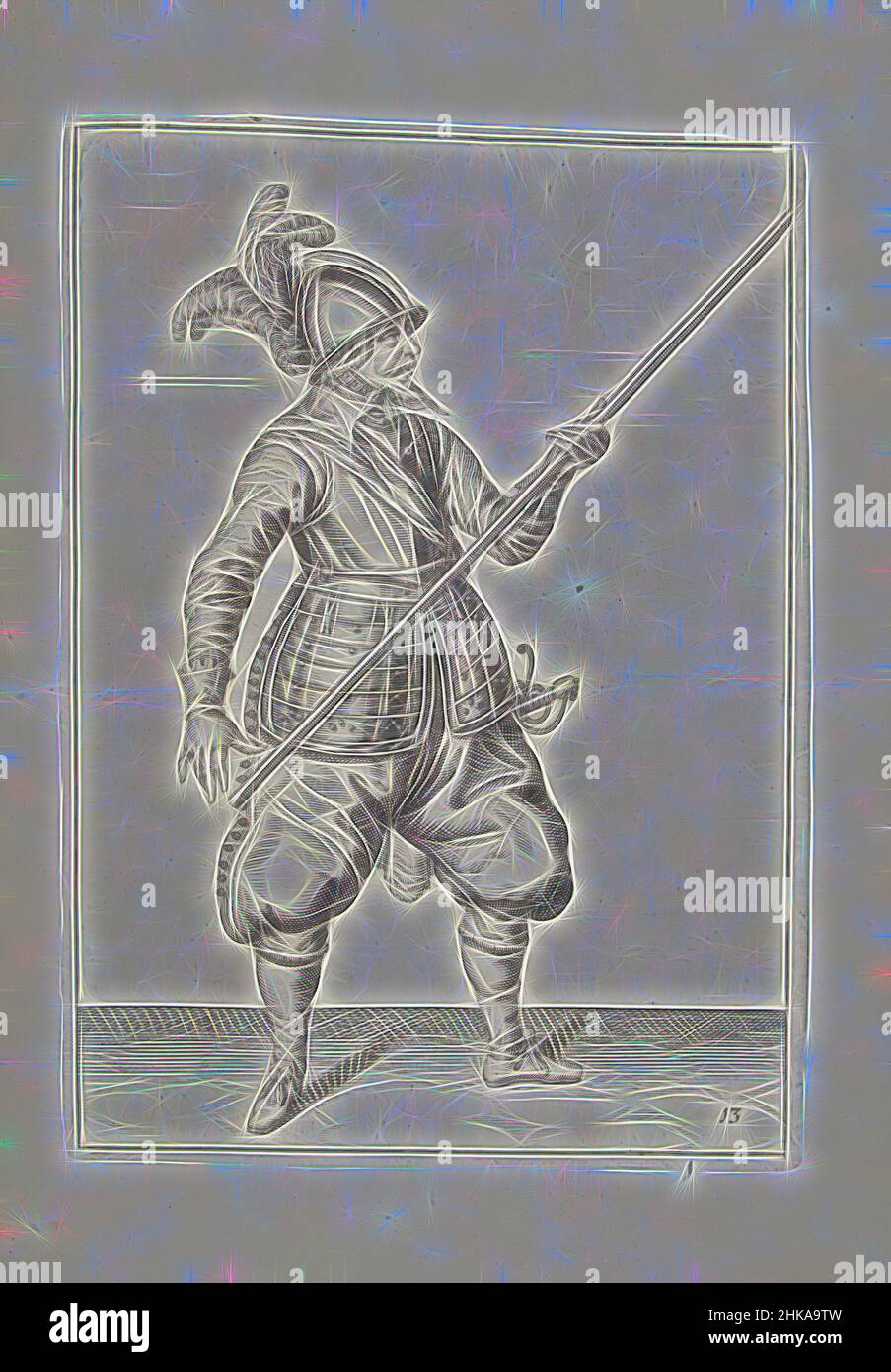 Inspiré par Soldier portant sa lance avec sa main gauche par son côté droit, le point soulevé en diagonale (non 13), c. 1600, Un soldat, pleine longueur, portant une lance (lance) avec sa main gauche par son côté droit, la pointe soulevée en diagonale (non 13), c. 1600. C'est le deuxième acte pour abaisser le, réimaginé par Artotop. L'art classique réinventé avec une touche moderne. Conception de lumière chaleureuse et gaie, de luminosité et de rayonnement de lumière. La photographie s'inspire du surréalisme et du futurisme, embrassant l'énergie dynamique de la technologie moderne, du mouvement, de la vitesse et révolutionne la culture Banque D'Images