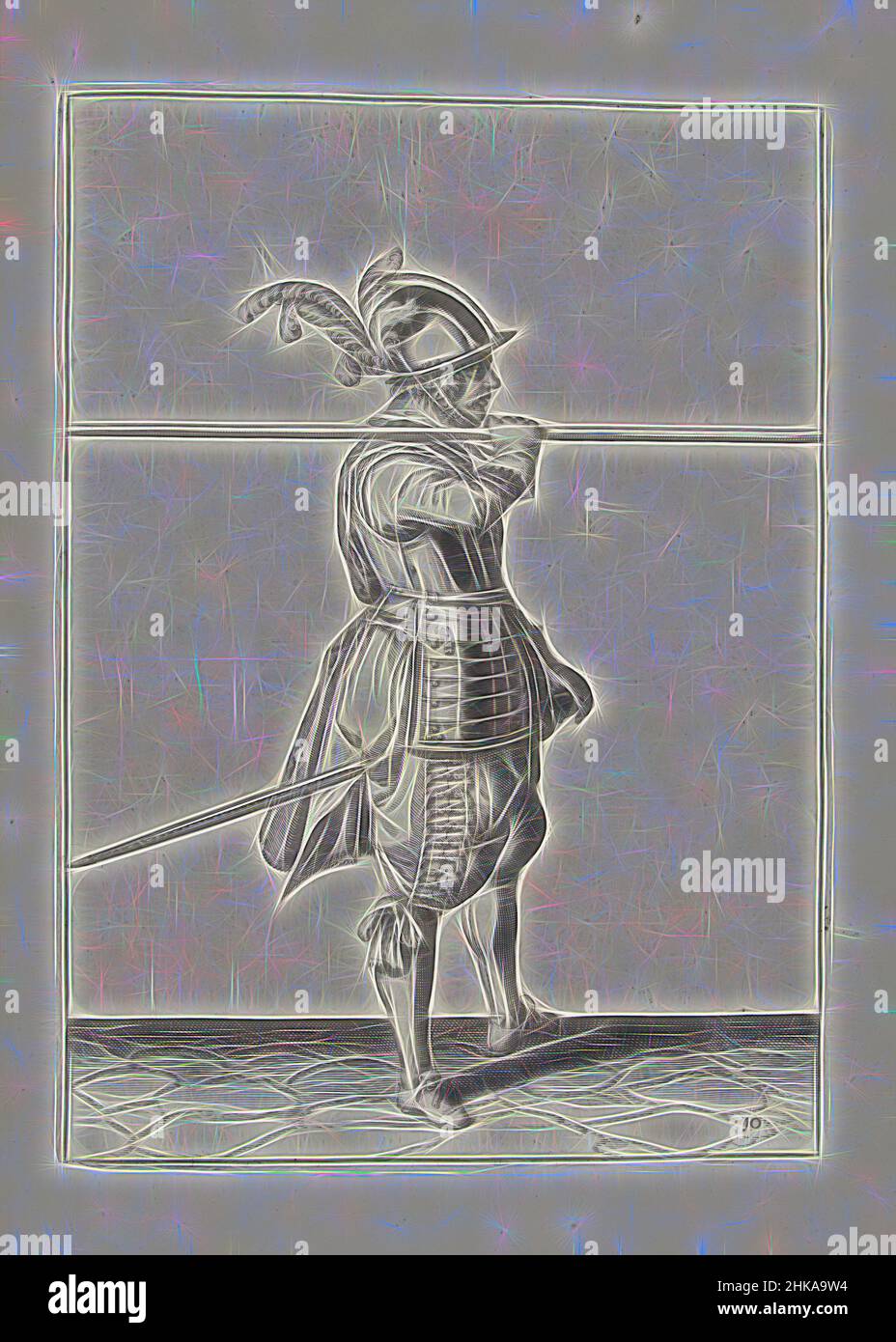 Inspiré par Soldier portant sa lance horizontalement sur son épaule droite (no 10), c. 1600, Un soldat, de pleine longueur, à droite, portant une lance horizontale sur son épaule droite (non 10), c. 1600. Sa main droite autour de la lance. C'est le troisième acte de soulever la lance à l'épaule, réimaginé par Artotop. L'art classique réinventé avec une touche moderne. Conception de lumière chaleureuse et gaie, de luminosité et de rayonnement de lumière. La photographie s'inspire du surréalisme et du futurisme, embrassant l'énergie dynamique de la technologie moderne, du mouvement, de la vitesse et révolutionne la culture Banque D'Images