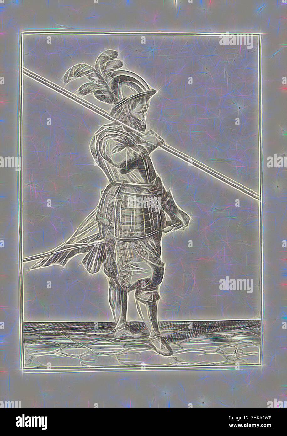 Inspiré par Soldier portant sa lance sur son épaule droite, le point dirigé obliquement vers le sol (non 11), c. 1600, Un soldat, pleine longueur, à droite, portant une lance sur son épaule droite, la pointe dirigée obliquement vers le sol (non 11), c. 1600. Sa main droite autour de la, repensée par Artotop. L'art classique réinventé avec une touche moderne. Conception de lumière chaleureuse et gaie, de luminosité et de rayonnement de lumière. La photographie s'inspire du surréalisme et du futurisme, embrassant l'énergie dynamique de la technologie moderne, du mouvement, de la vitesse et révolutionne la culture Banque D'Images